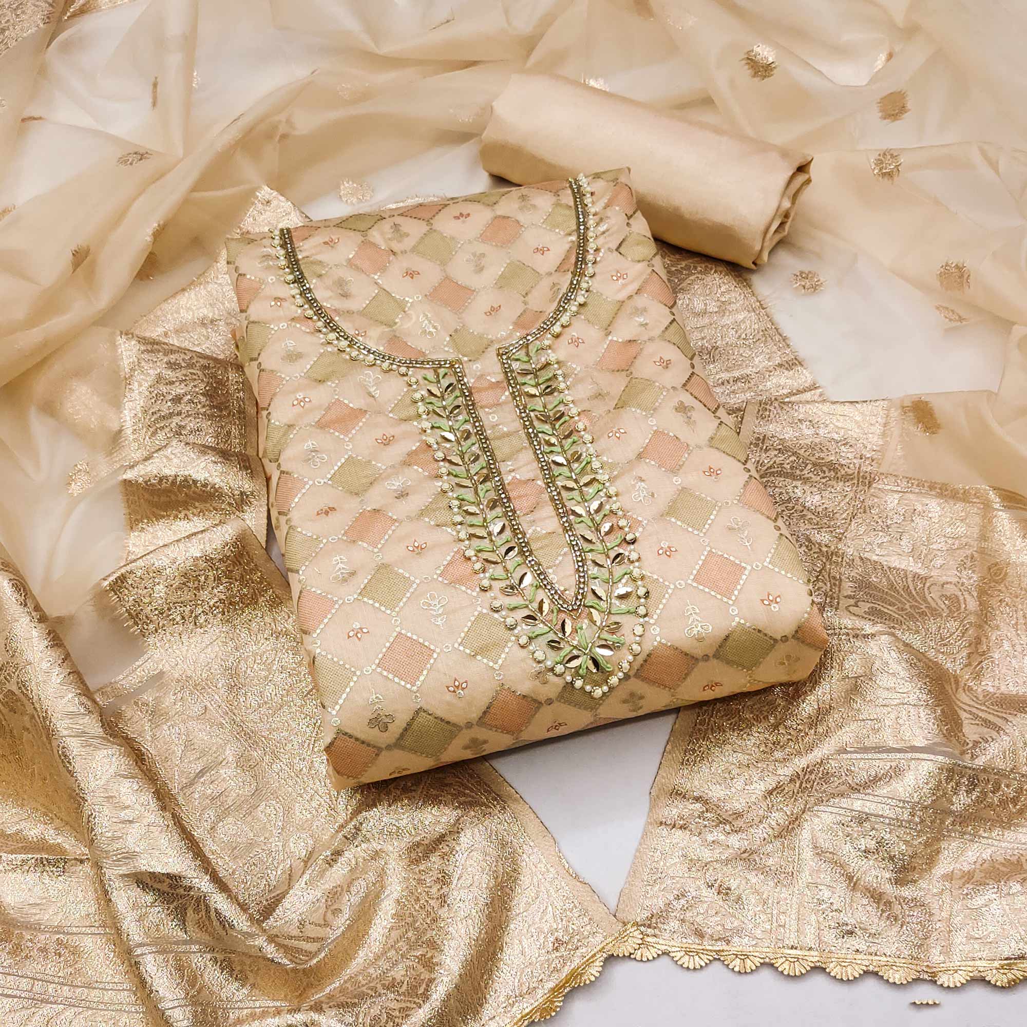 Peachmode Chikoo Printed With Handwork Modal Dress Material