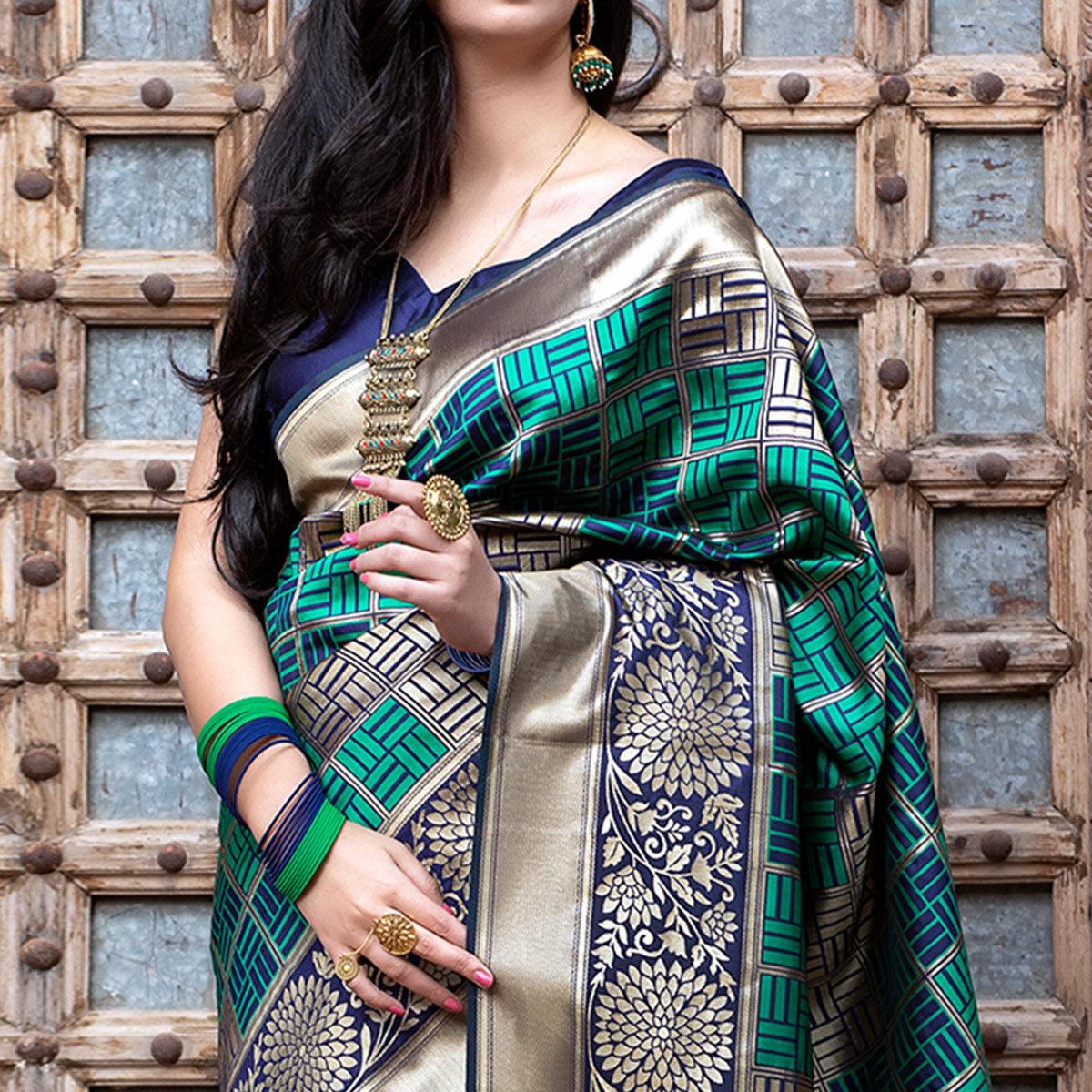 Peachmode Eye-catching Navy Blue Colored Festive Wear Woven Banarasi Silk Saree - view 4