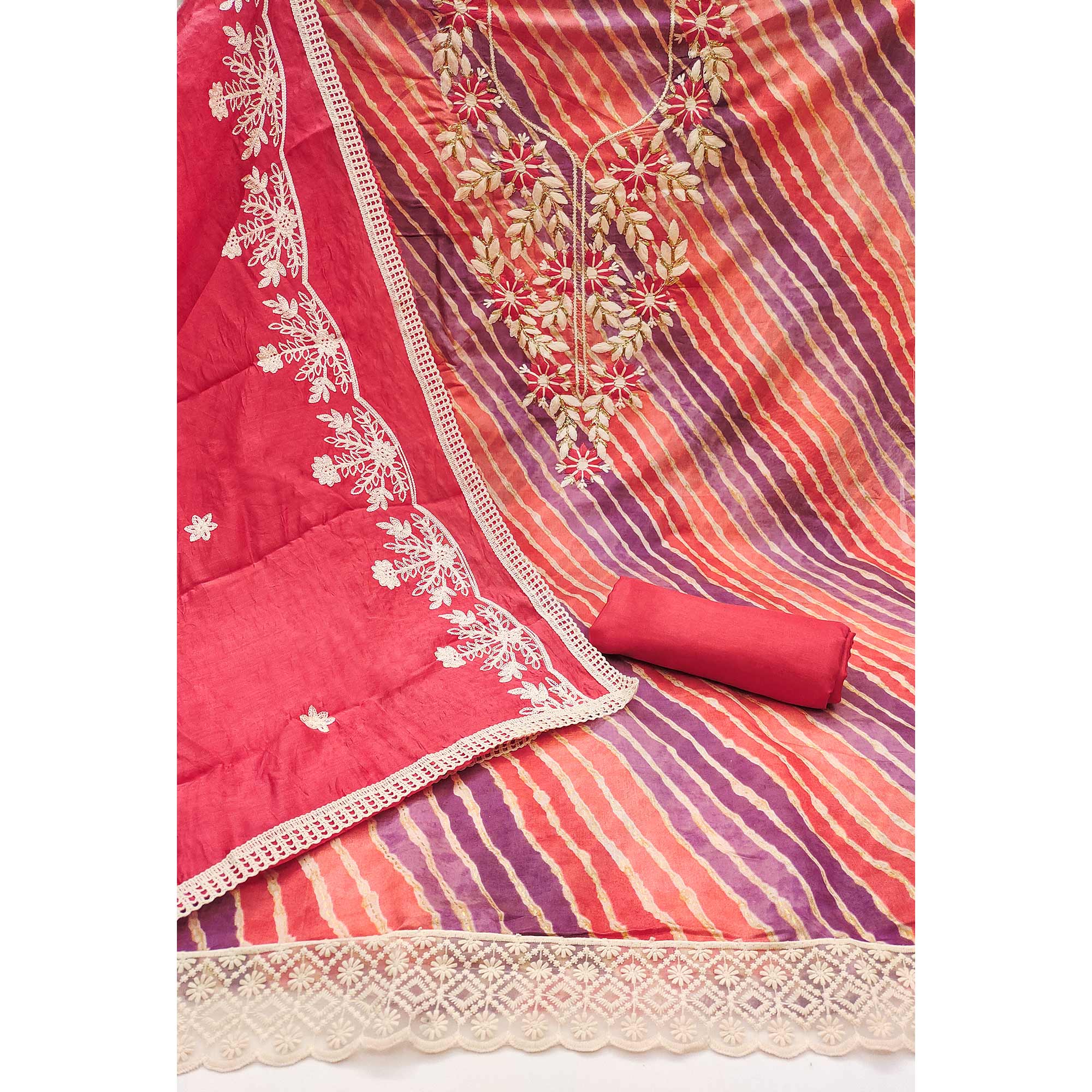 Peachmode Gajari Pink Floral Embroidery With Printed Cotton Roman Silk Dress Material - view 3
