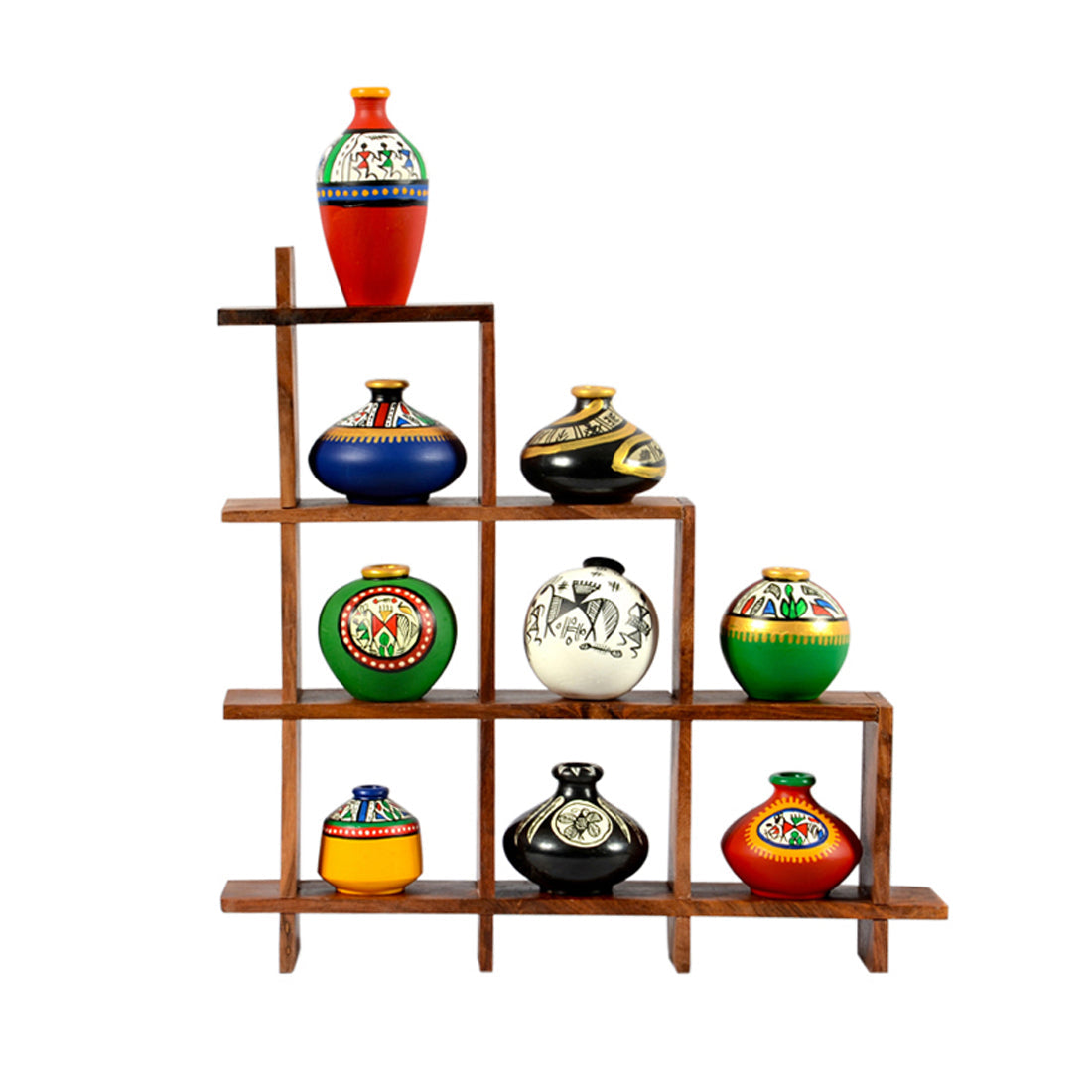EXCLUSIVELANE 9 Terracotta Warli Handpainted Pots with Sheesham Wooden Frame Wall Hanging - view 2
