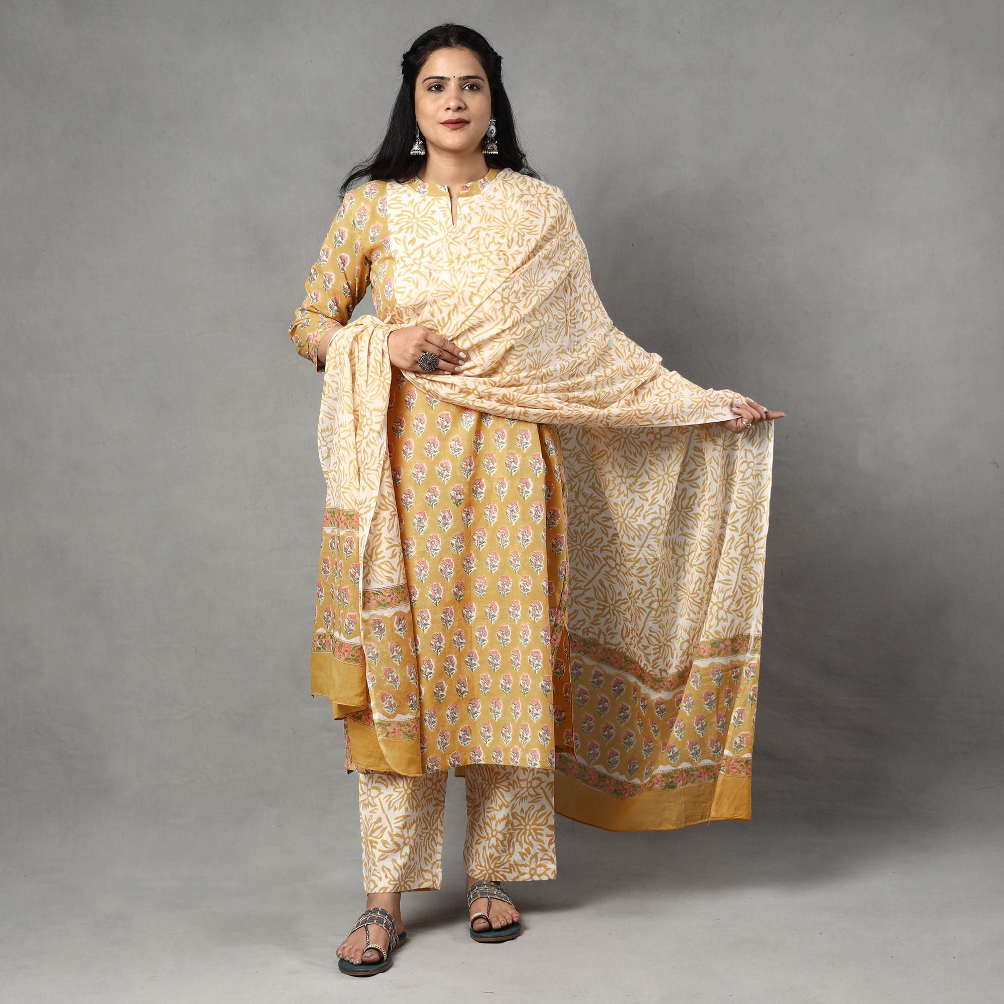 Palazzo dupatta set – ITOKRI CASUALS Brown - Sanganeri Block Printed Cotton Kurta with Palazzo & Dupatta Set