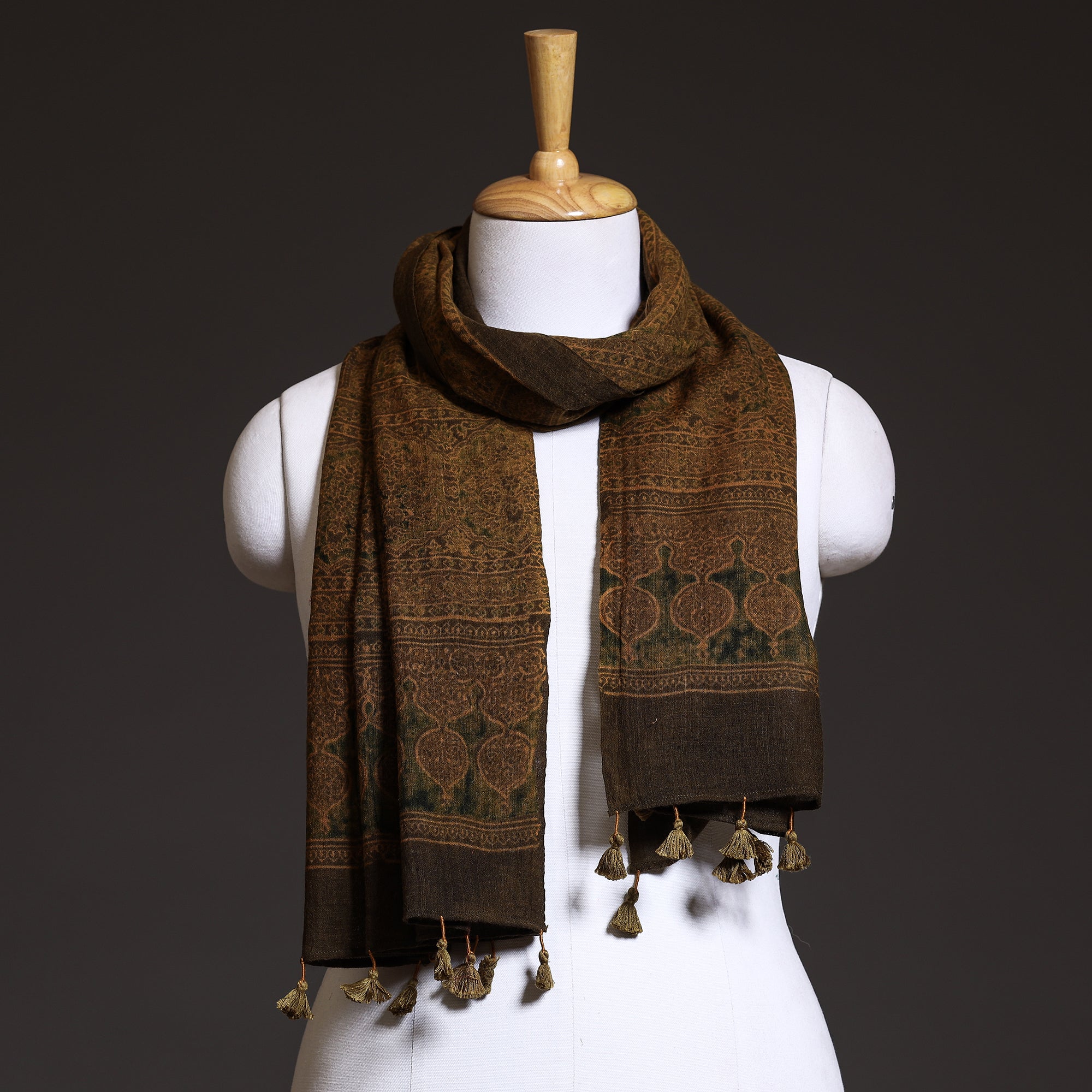AJRAKH BY SUFIYAN ISMAIL KHATRI Brown - Ajrakh Block Printed Pure Woolen Stole