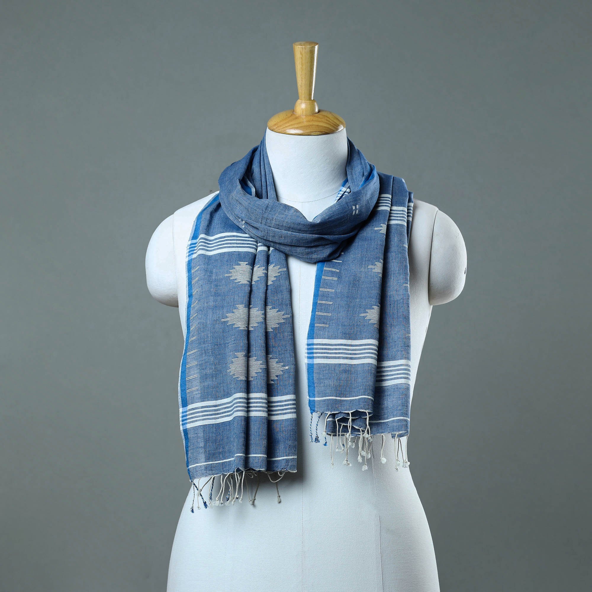 KHUSHBASH - HAPPY LOOM OF EAST Blue - Burdwan Jamdani Cotton Handloom Stole with Tassels 23