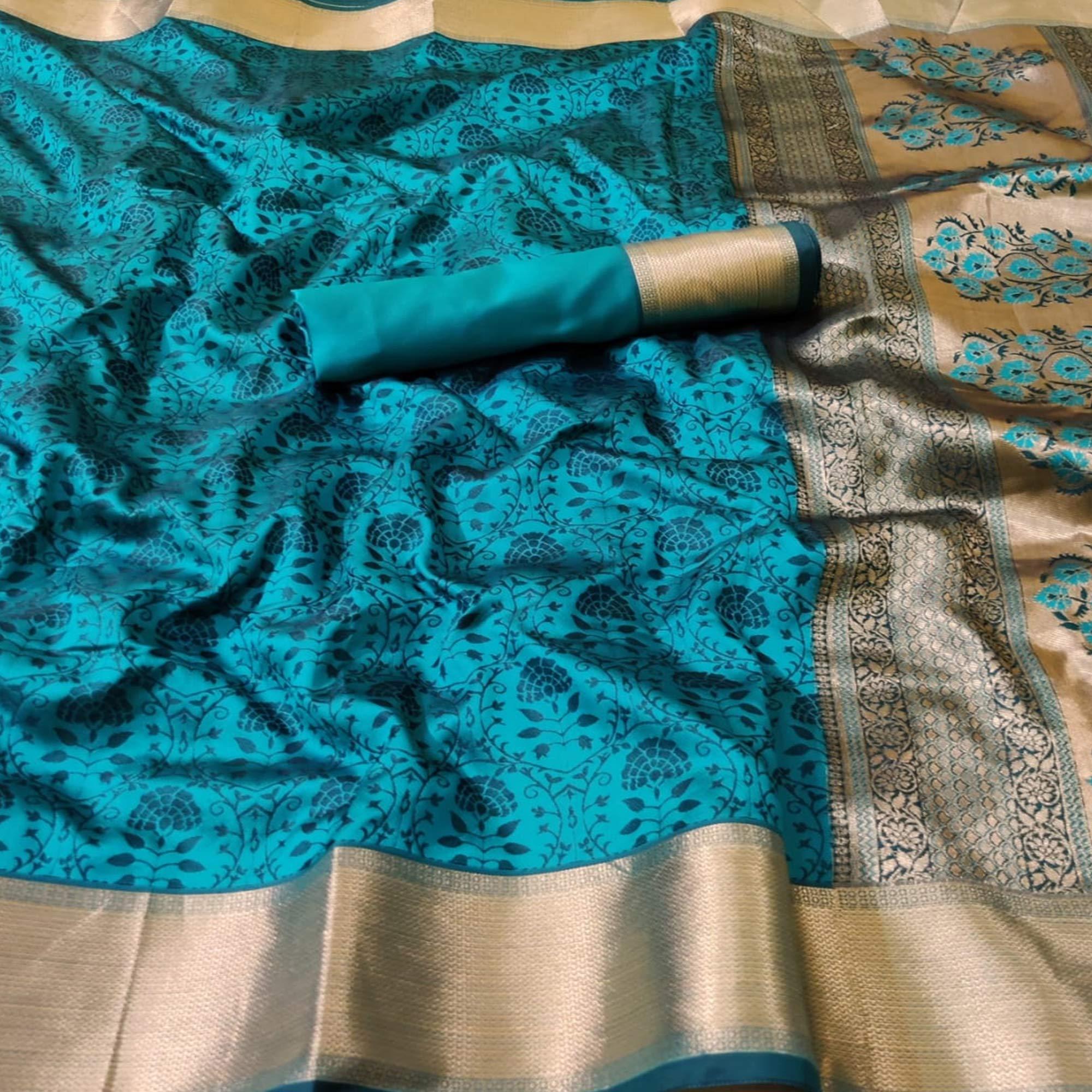 Peachmode Captivating Aqua Blue Colored Festive Wear Woven Heavy Silk Saree - view 2