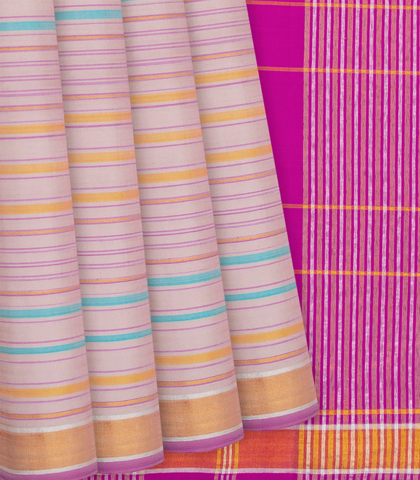 RmKV Baby Pink Handloom Kanchipuram Silk Saree With Multi Stripes-Baby Pink