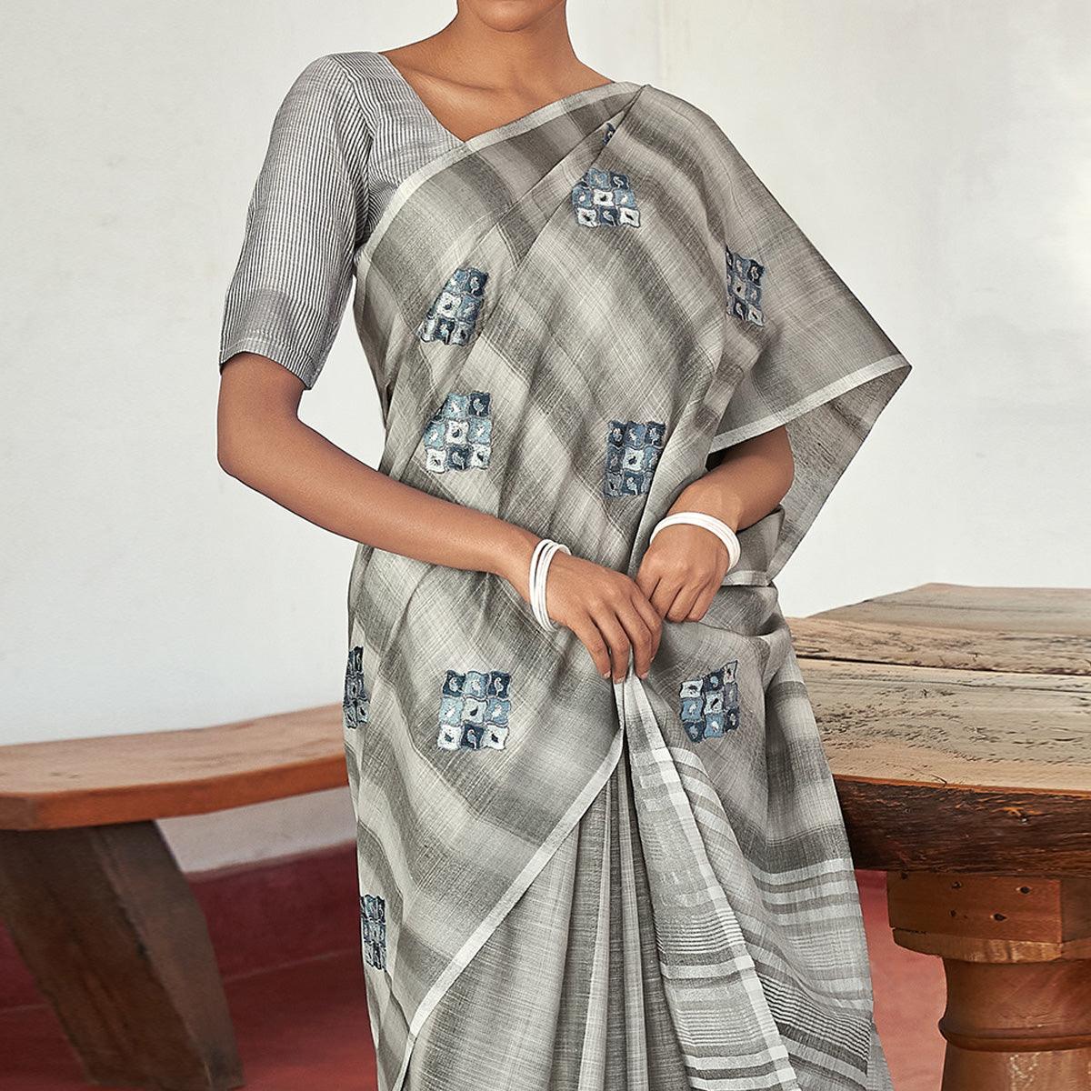 BlackTree grey-casual-wear-embroidered-linen-saree-with-tassels-139757 - view 2