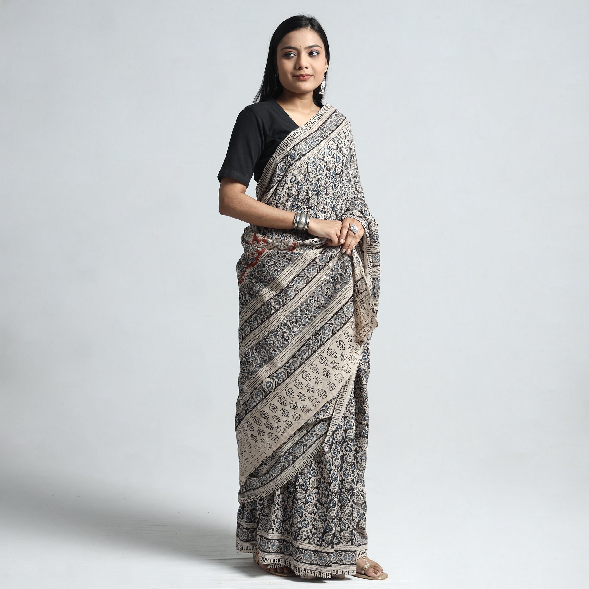 VENKATA BHANU KALAMKARI PEDANA Black - Pedana Block Print Cotton Kalamkari Saree