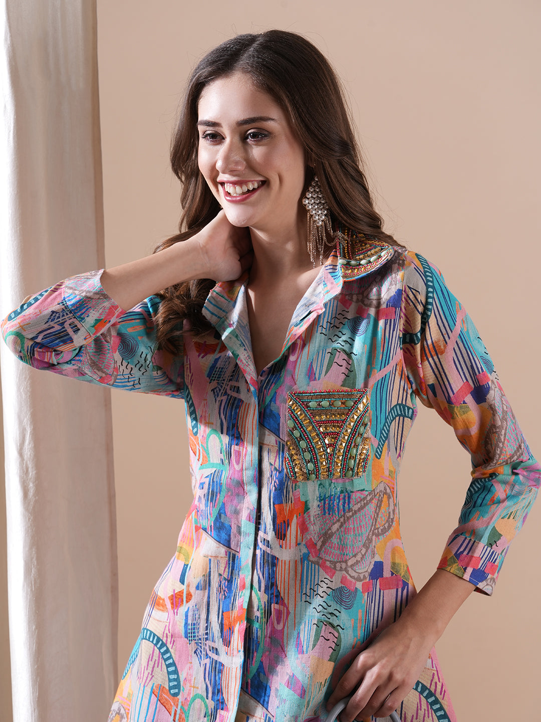 Fashor Abstract Printed Stones & Sequins Embellished Kurti with Pants Co-ord Set - Multi - view 3