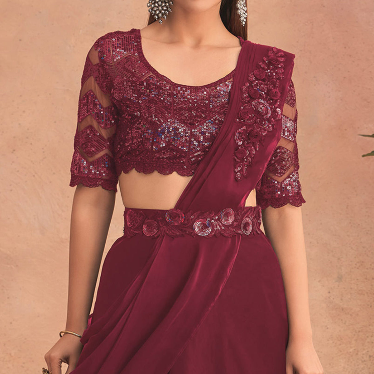 Peachmode Seller Maroon Sequins Embroidered Ready to Wear Art Silk Saree - view 3