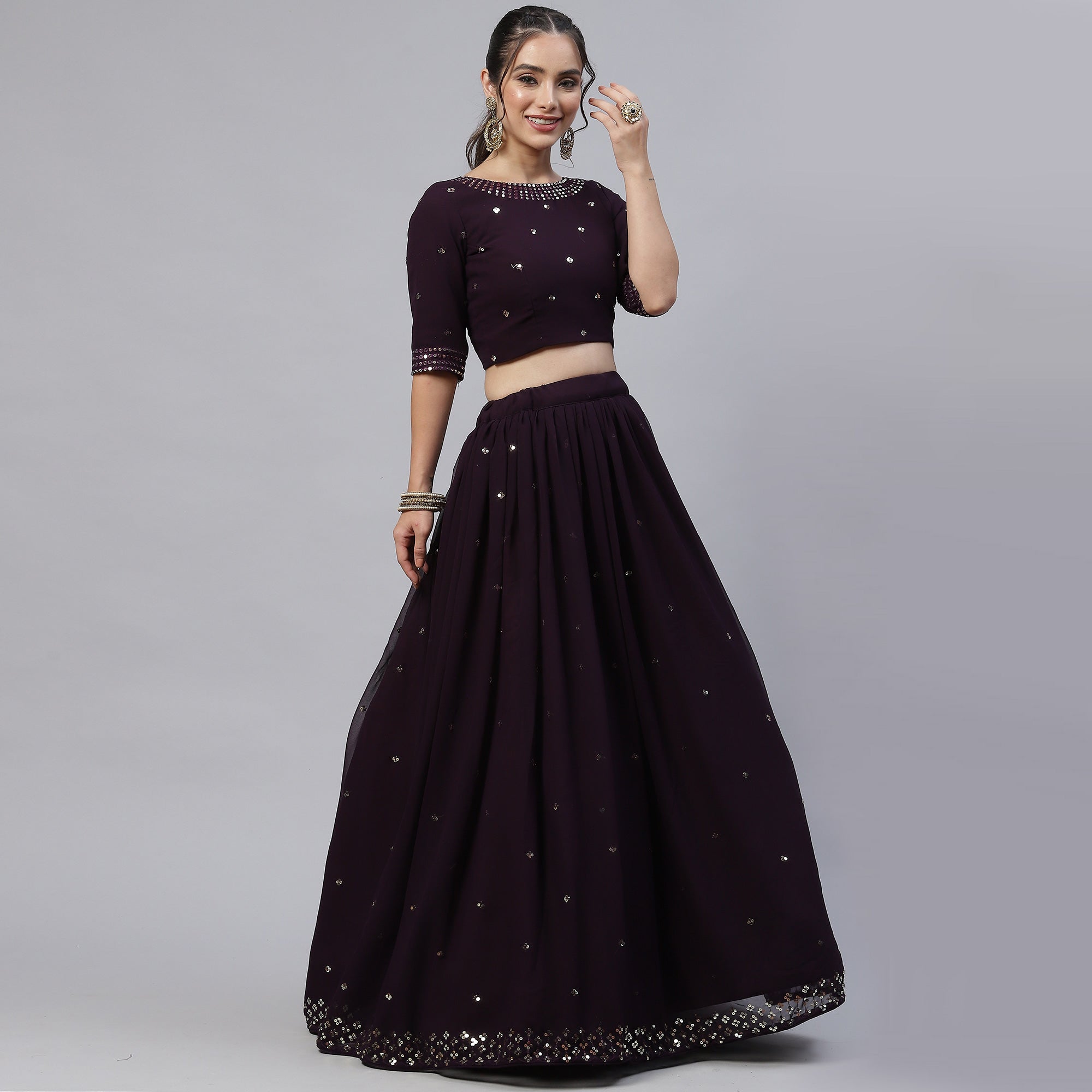 Peachmode Dark Purple Sequins Embroidered Georgette Lehenga Choli - view 5