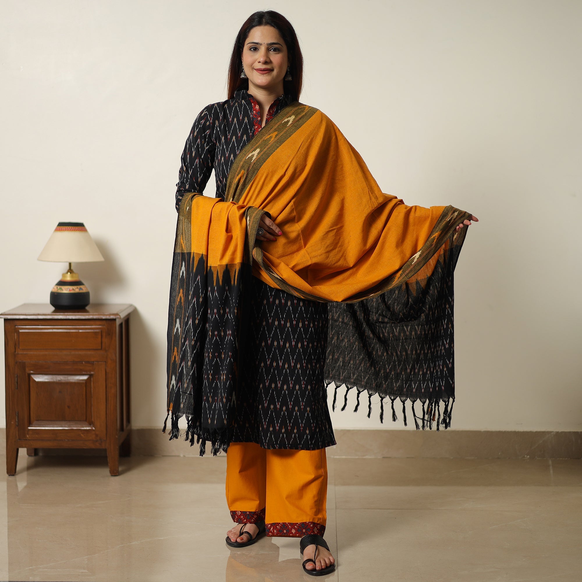 ITOKRI CASUALS Black - Pochampally Ikat Weave Cotton Kurta with Palazzo & Dupatta Set 07