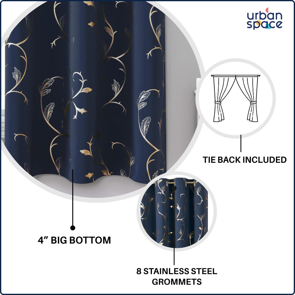 Urban Space -Home Furnishing Store Gold Foil Printed 80-85% Blackout Curtains - Pack of 1 Curtain - Vine- Navy Blue - view 4