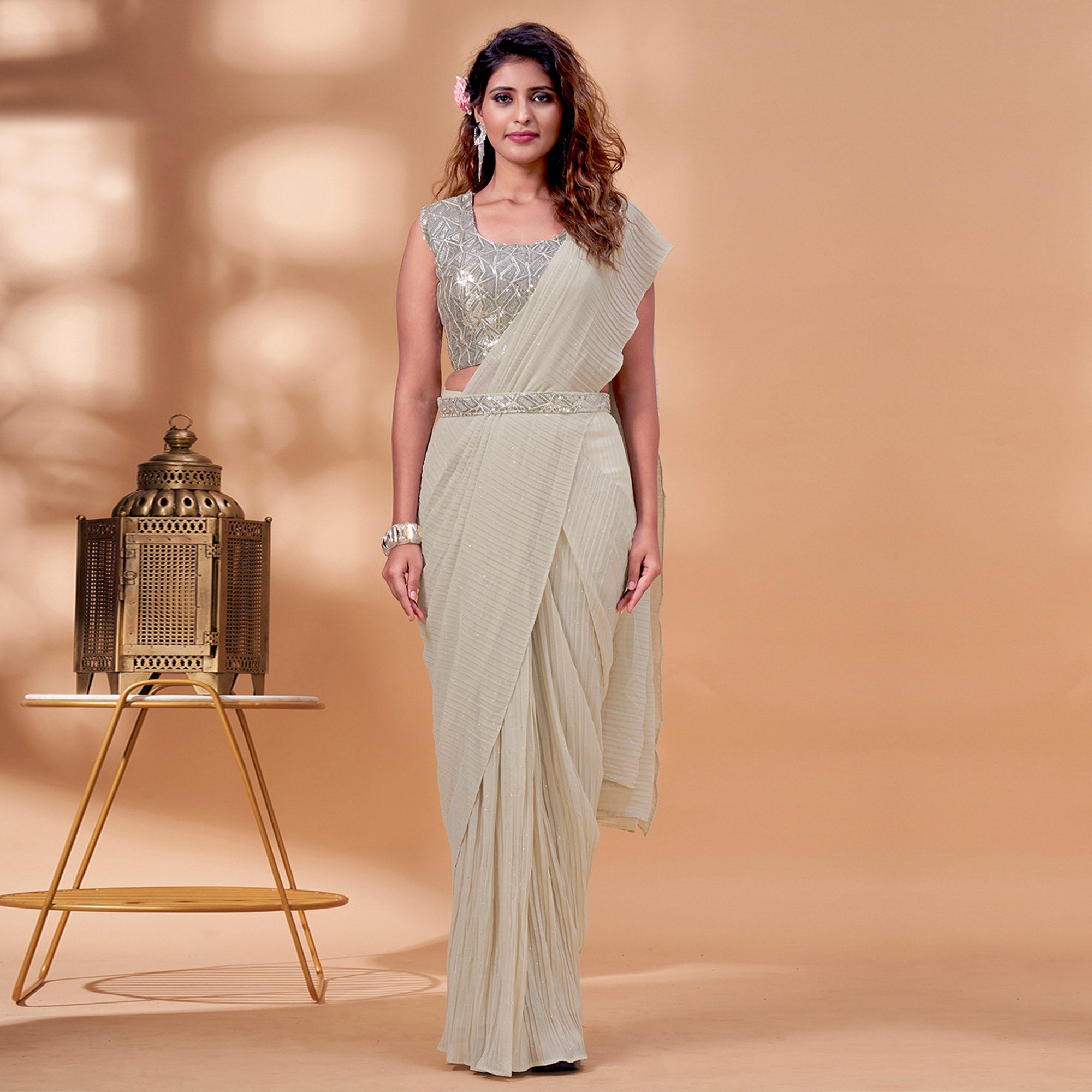 Peachmode Cream Sequins Embroidered Ready to Wear Georgette Saree - view 2