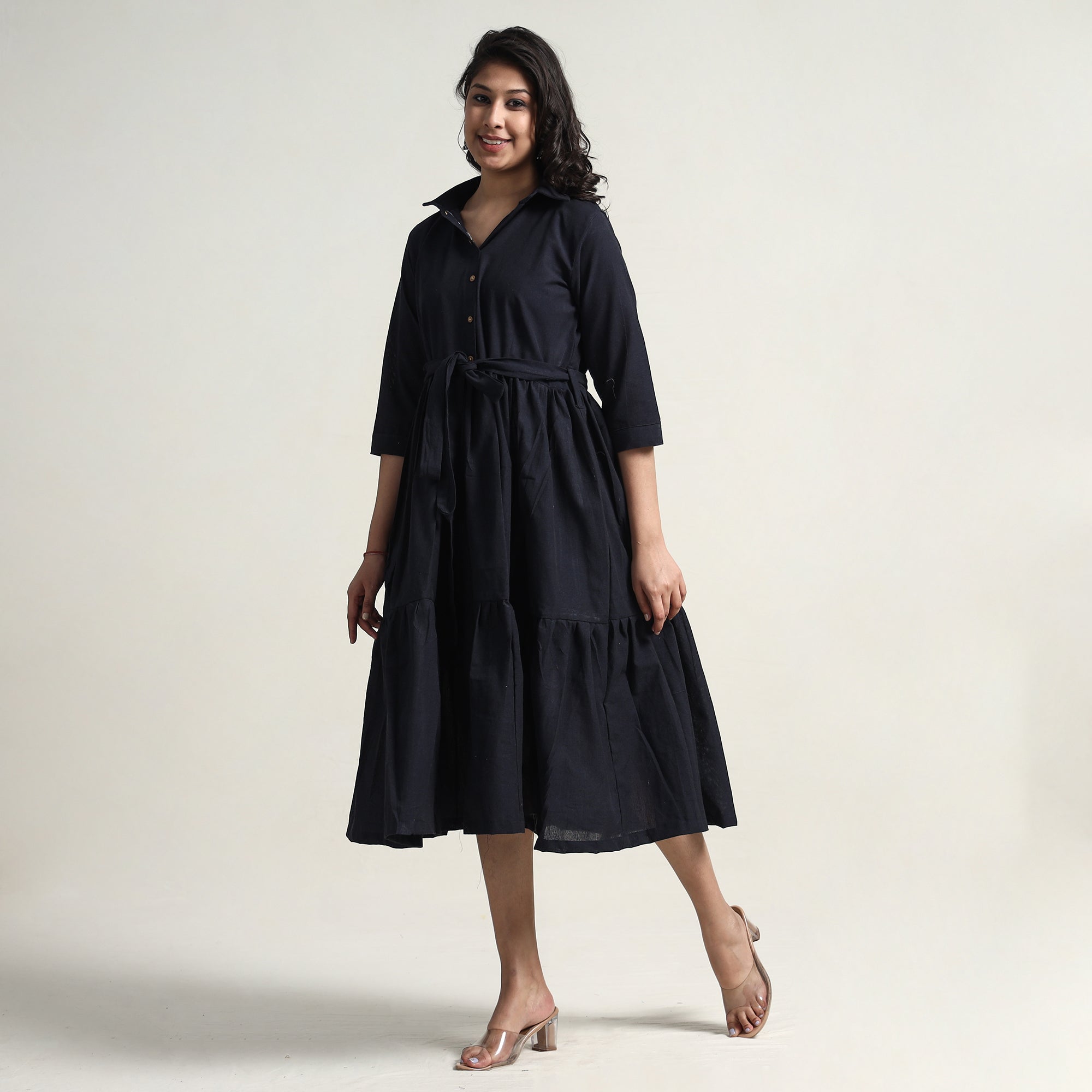 ITOKRI CASUALS Black - Plain Handloom Cotton Collared Neck Flare Dress - view 2