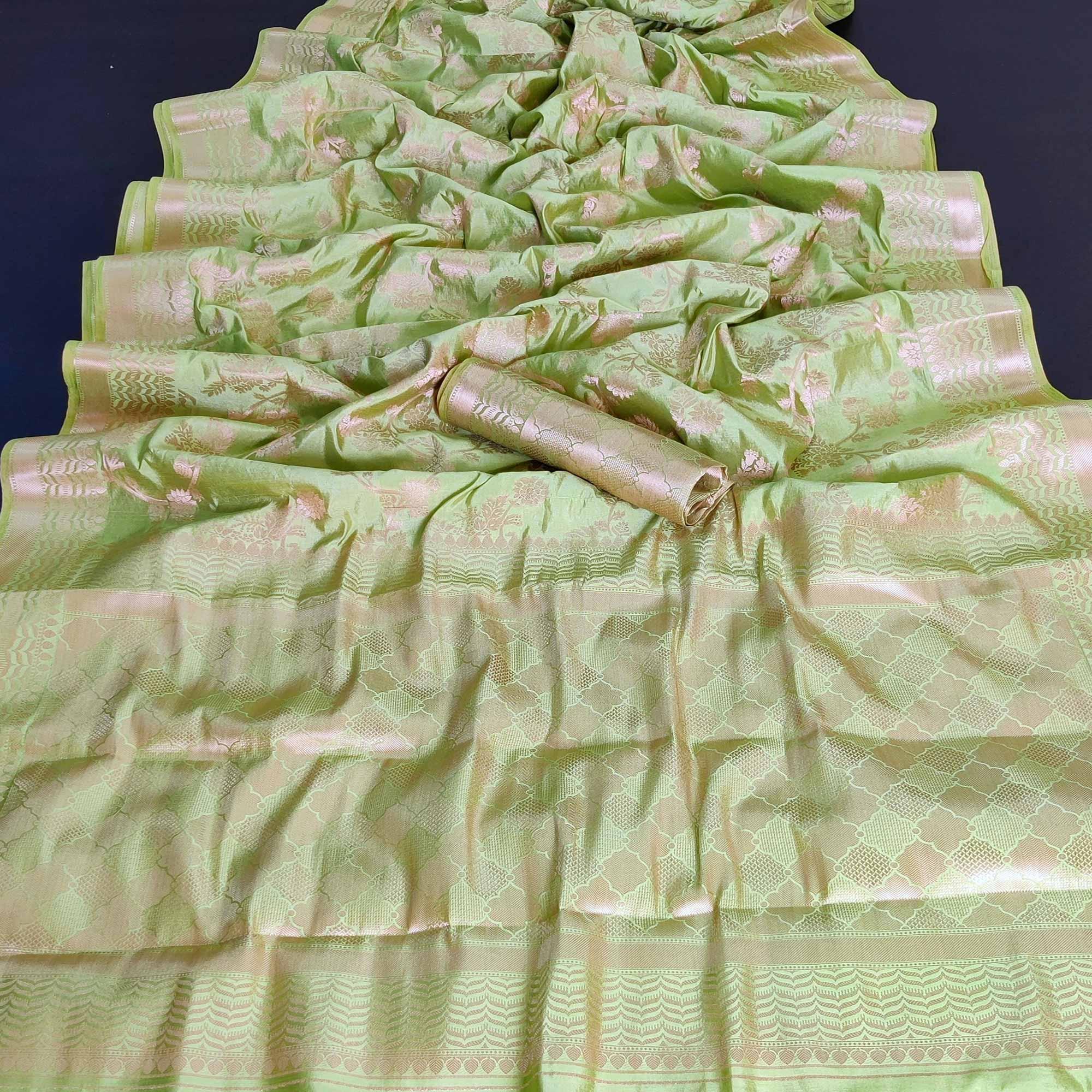 Peachmode Light Pista Green Festive Wear Zari Woven Art Silk Saree