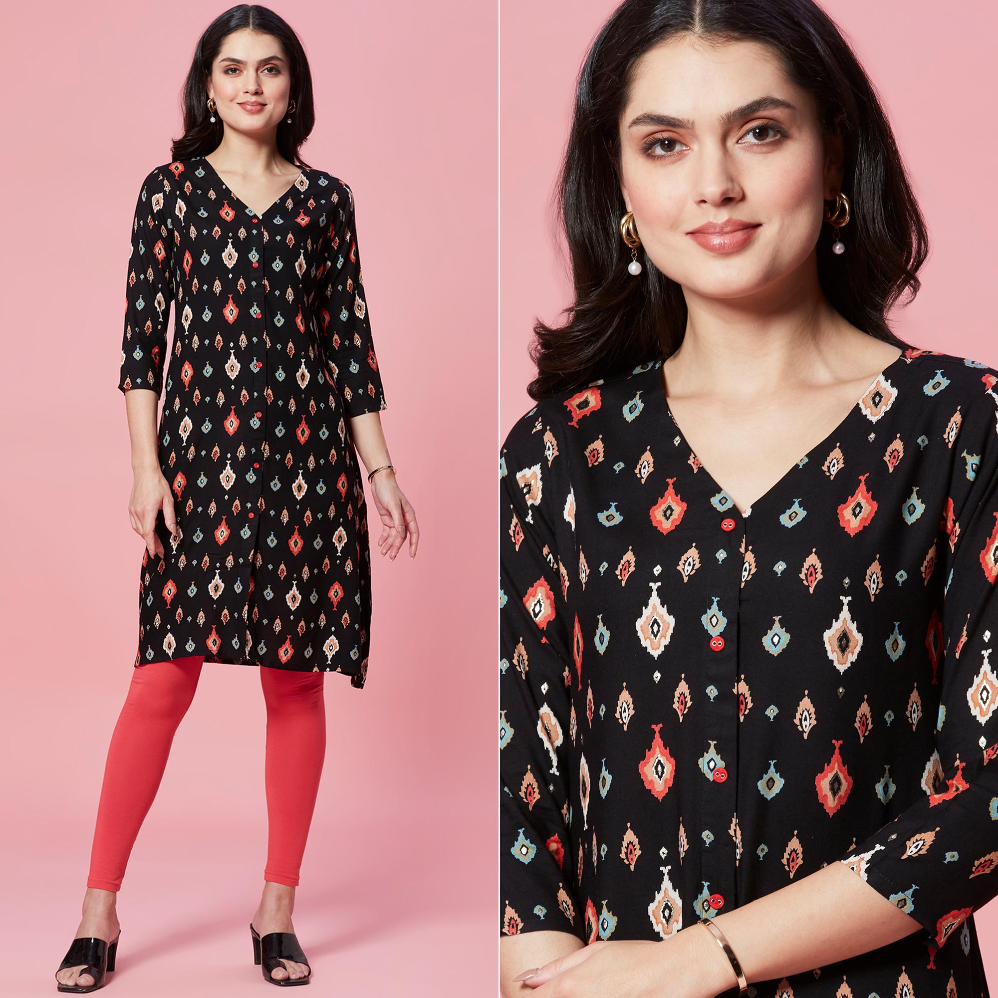 Peachmode Black Ikkat Printed Rayon Straight Kurti