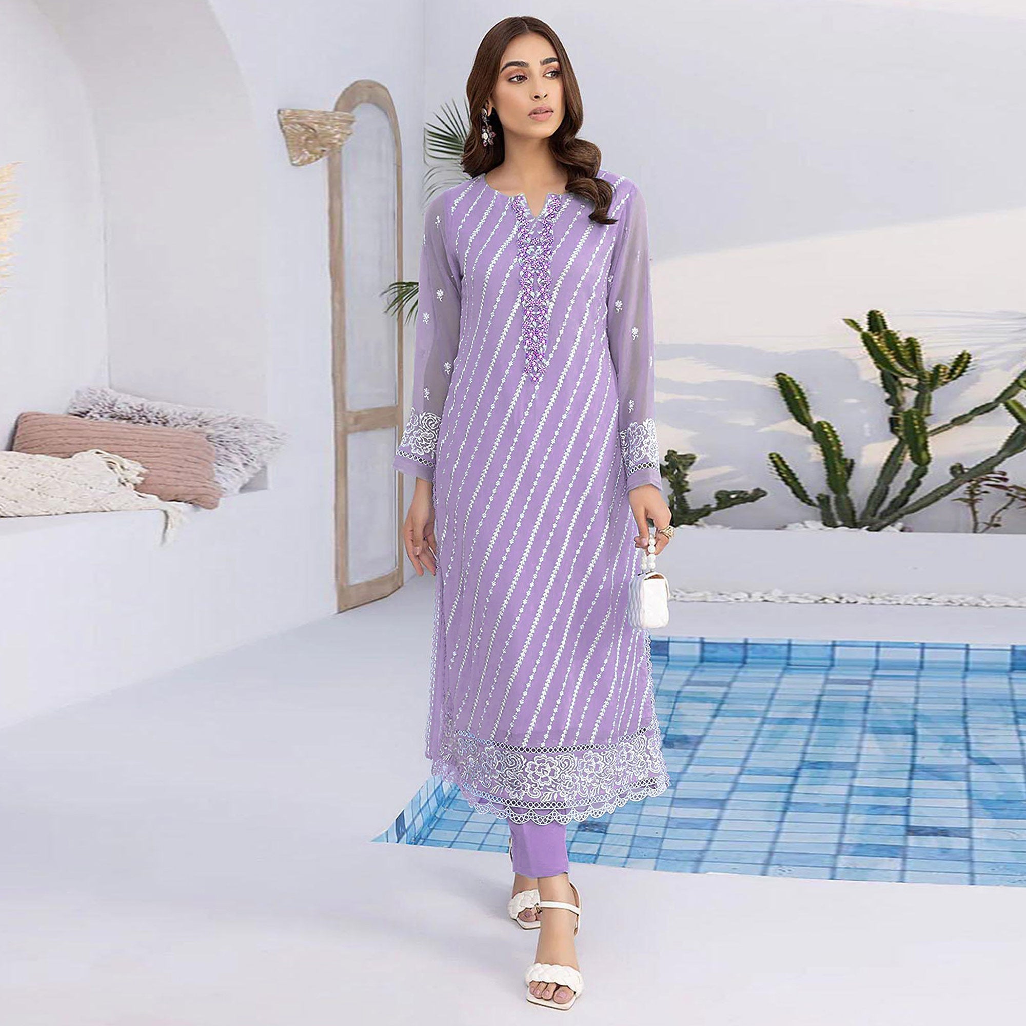 Peachmode Light Purple Floral Embroidered Georgette Semi Stitched Suit - view 2