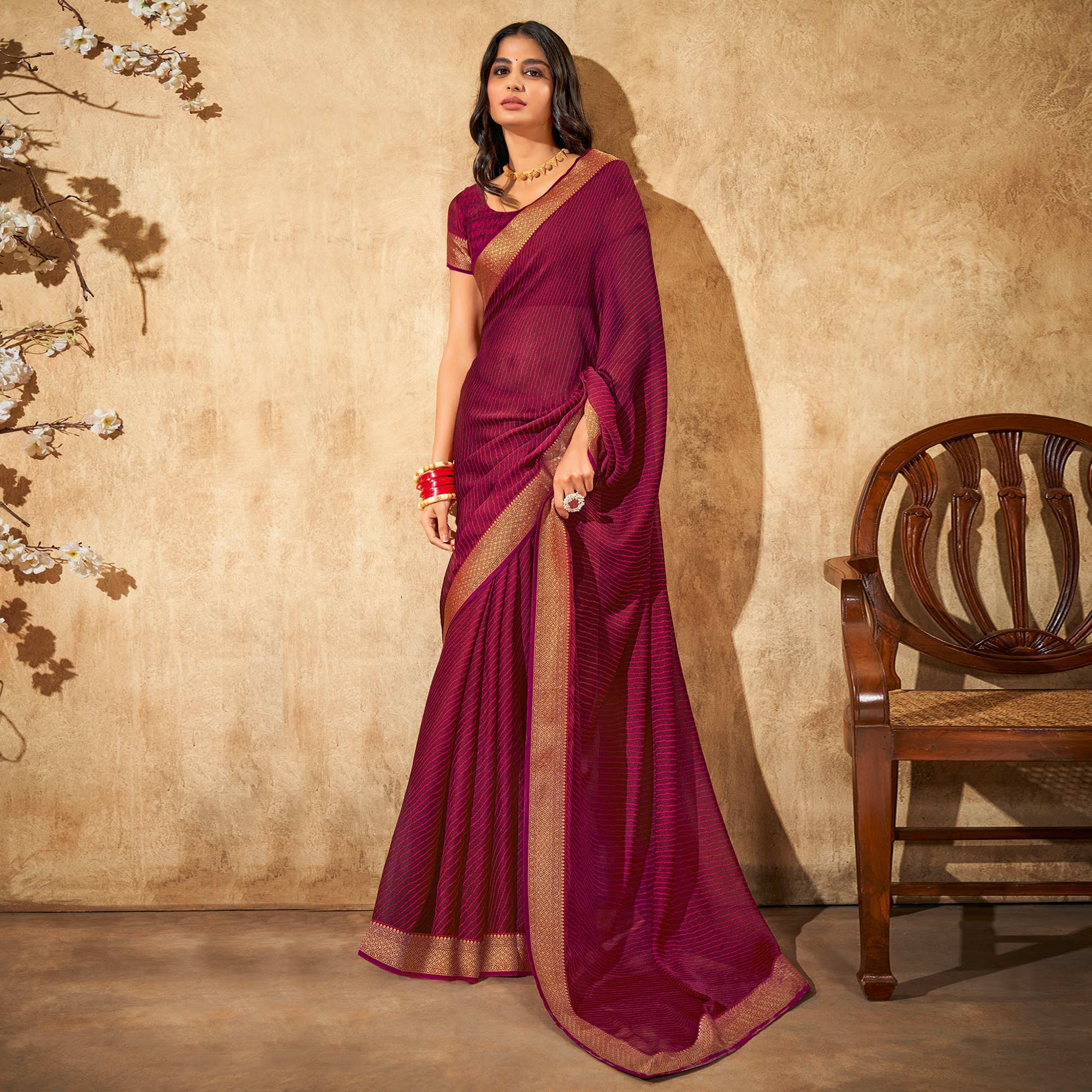 Peachmode Magenta Purple Printed Chiffon Saree With Brocade Lace