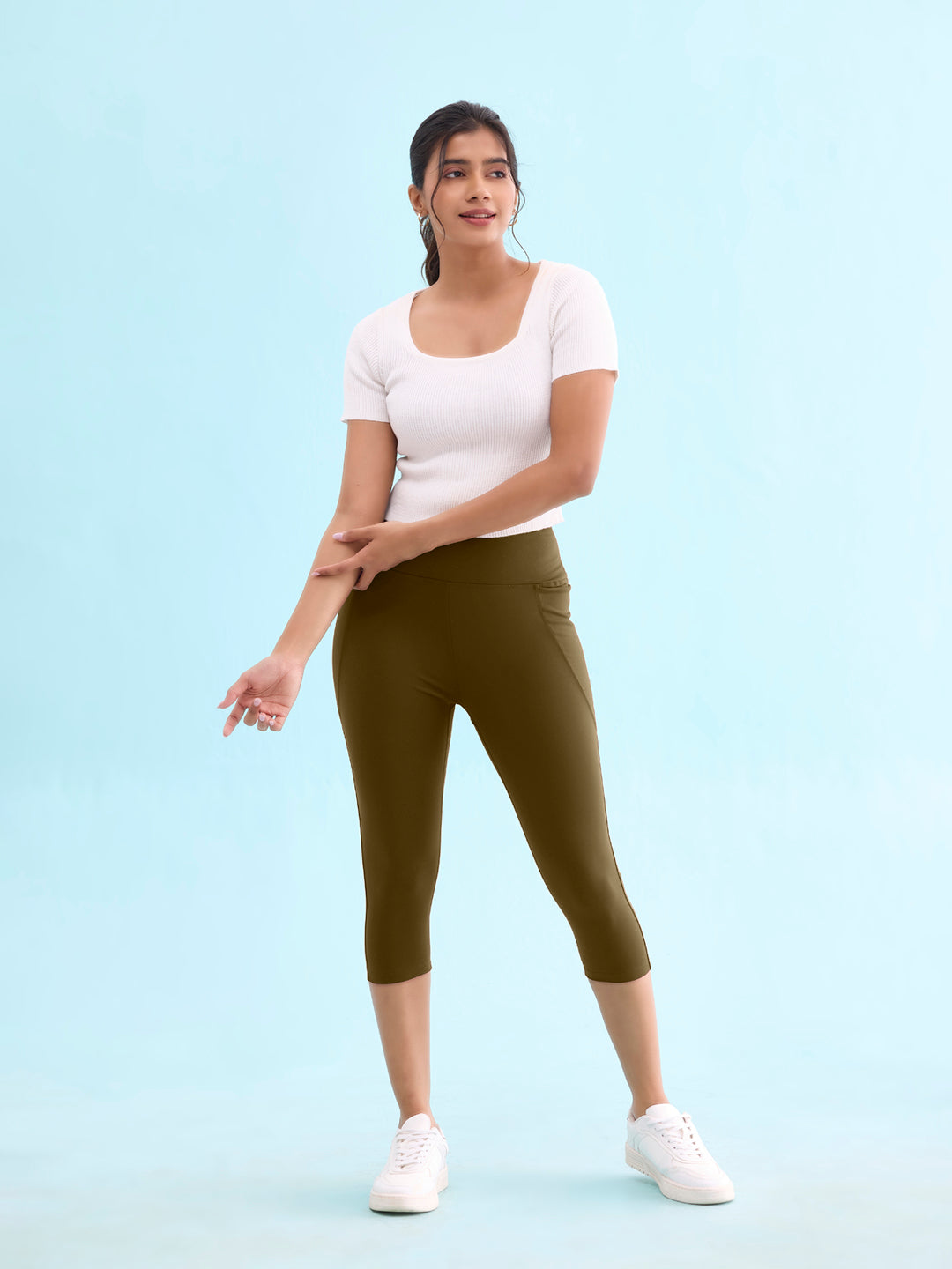 Go Colors Women Solid Olive Green High Rise Training Capri