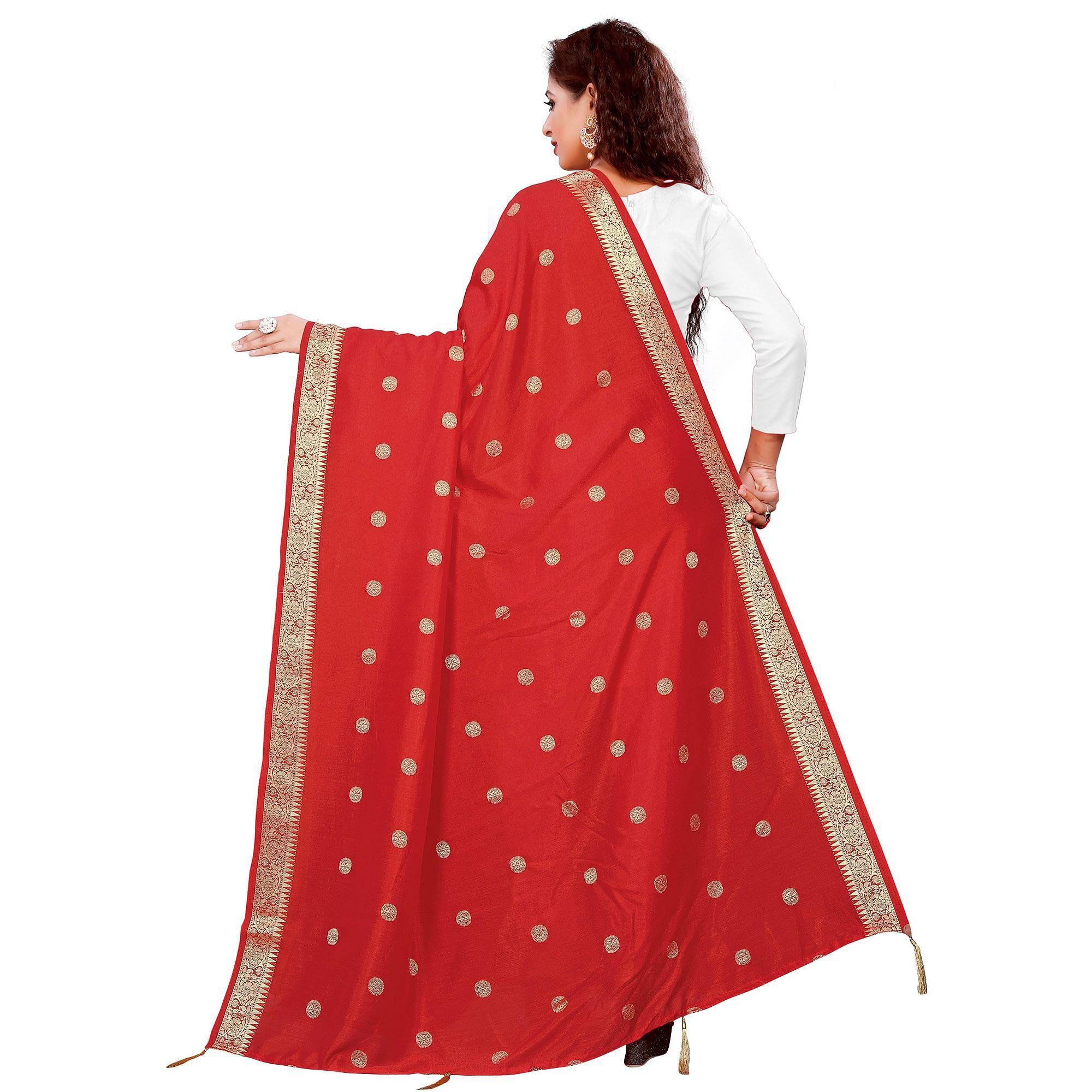 Peachmode Seller Charming Red Colored Festive Wear Woven Art Silk-Viscose Dupatta With Tassels - view 2