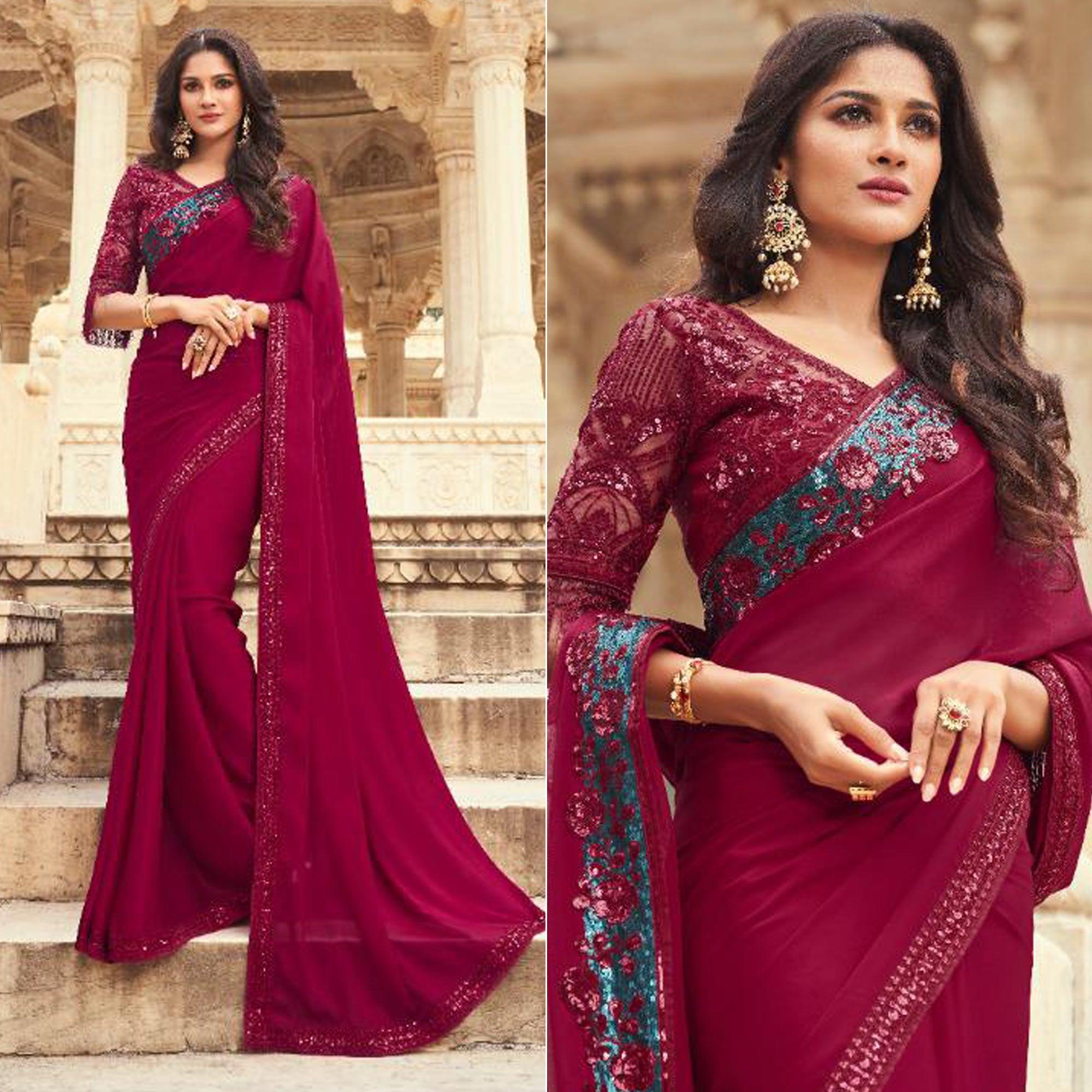 Peachmode Dark Red Floral Sequins Embroidered Art SIlk Saree