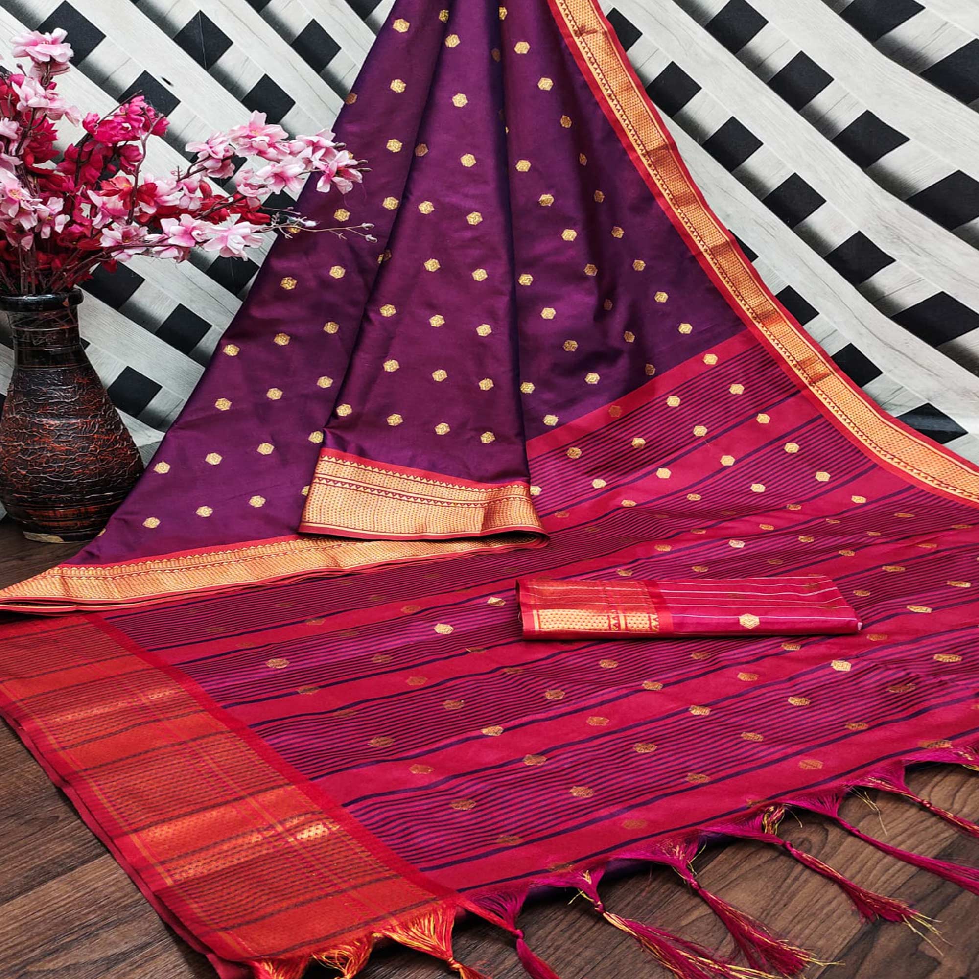 Peachmode Purple Zari Woven Lichi Art Silk Saree With Tassels