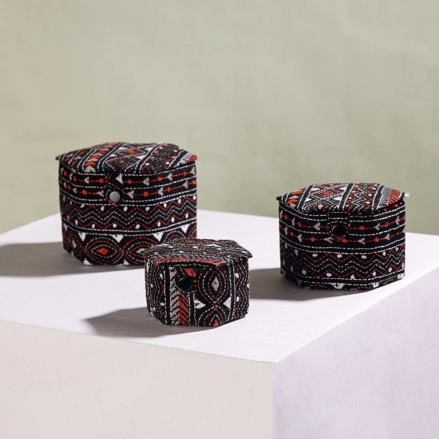 Jewelry box set – ASALKAAR Black - Bengal Kantha Work Handcrafted Hexagon Jewelry Box (Set of 3)