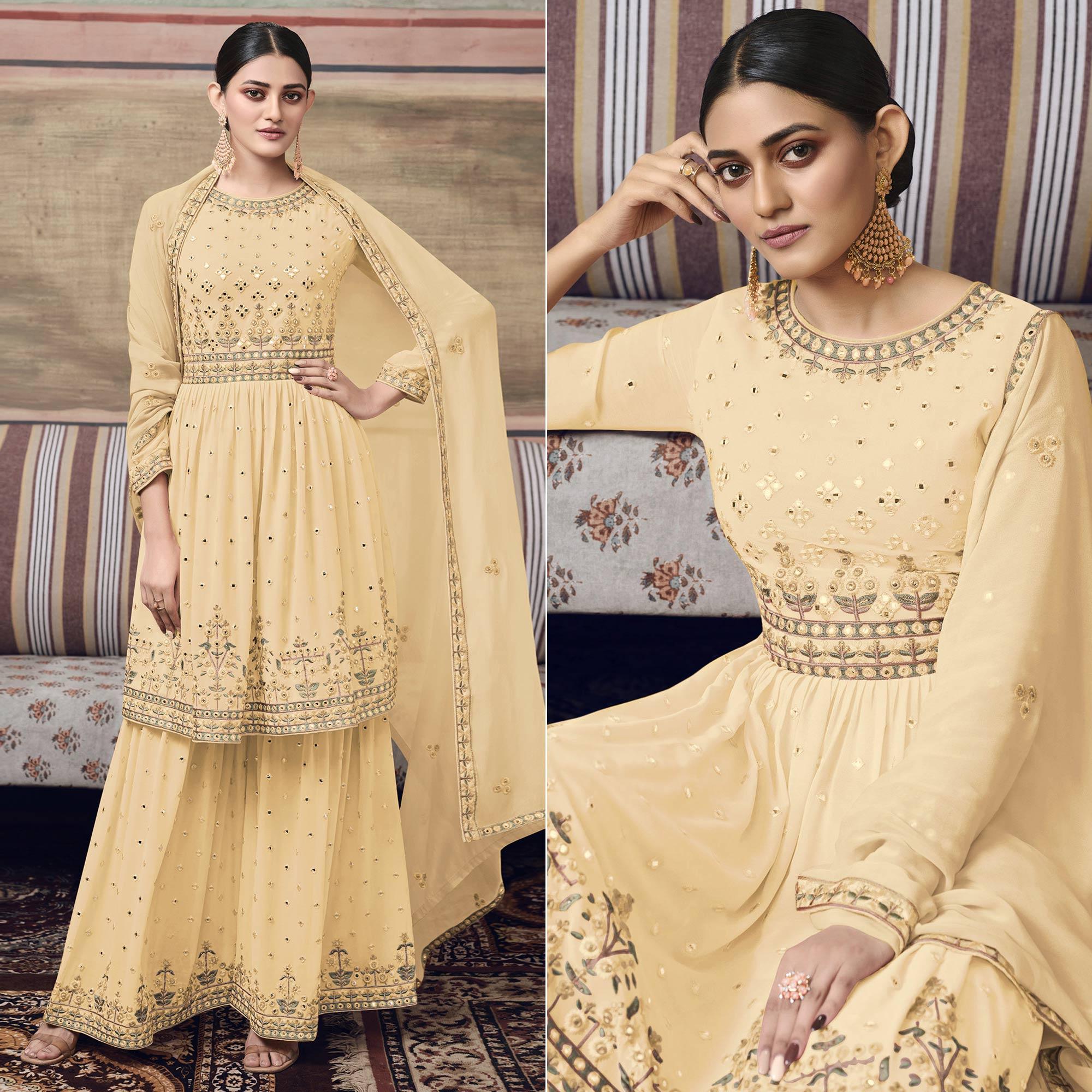 Peachmode Light Yellow Embroidered Georgette Sharara Suit