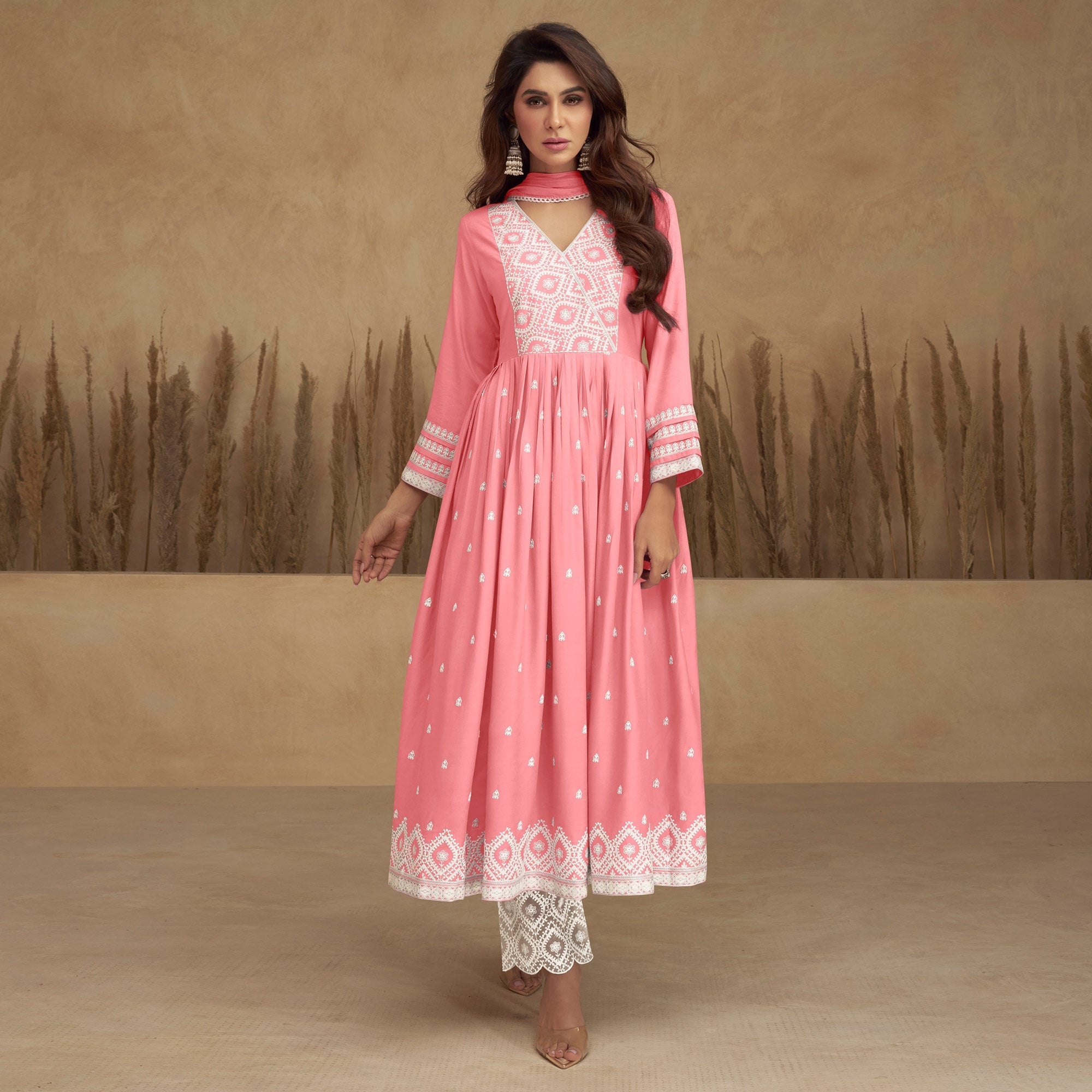 Peachmode Light Pink Lucknowi Embroidered Rayon Naira Cut Suit - view 2