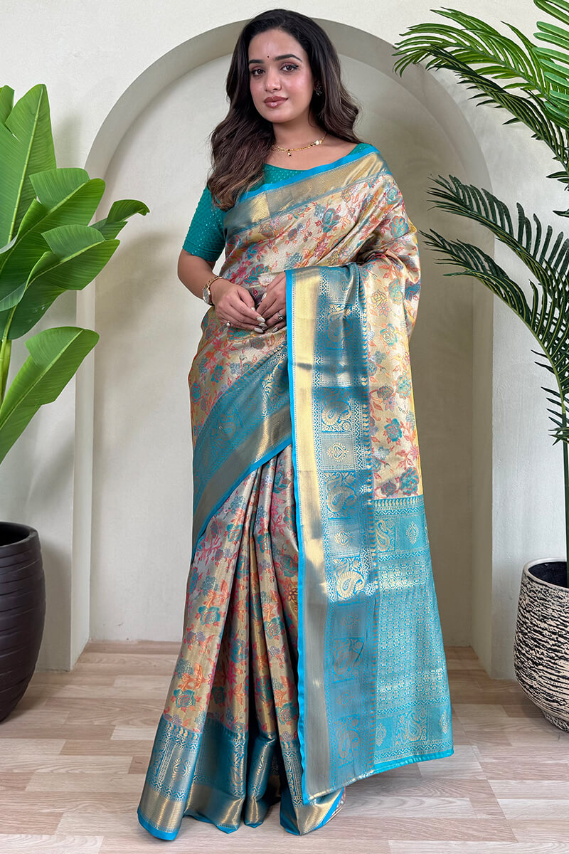 Tasrika Desirable Beige and Firozi Kanjivaram Silk Saree With Staring Blouse Piece
