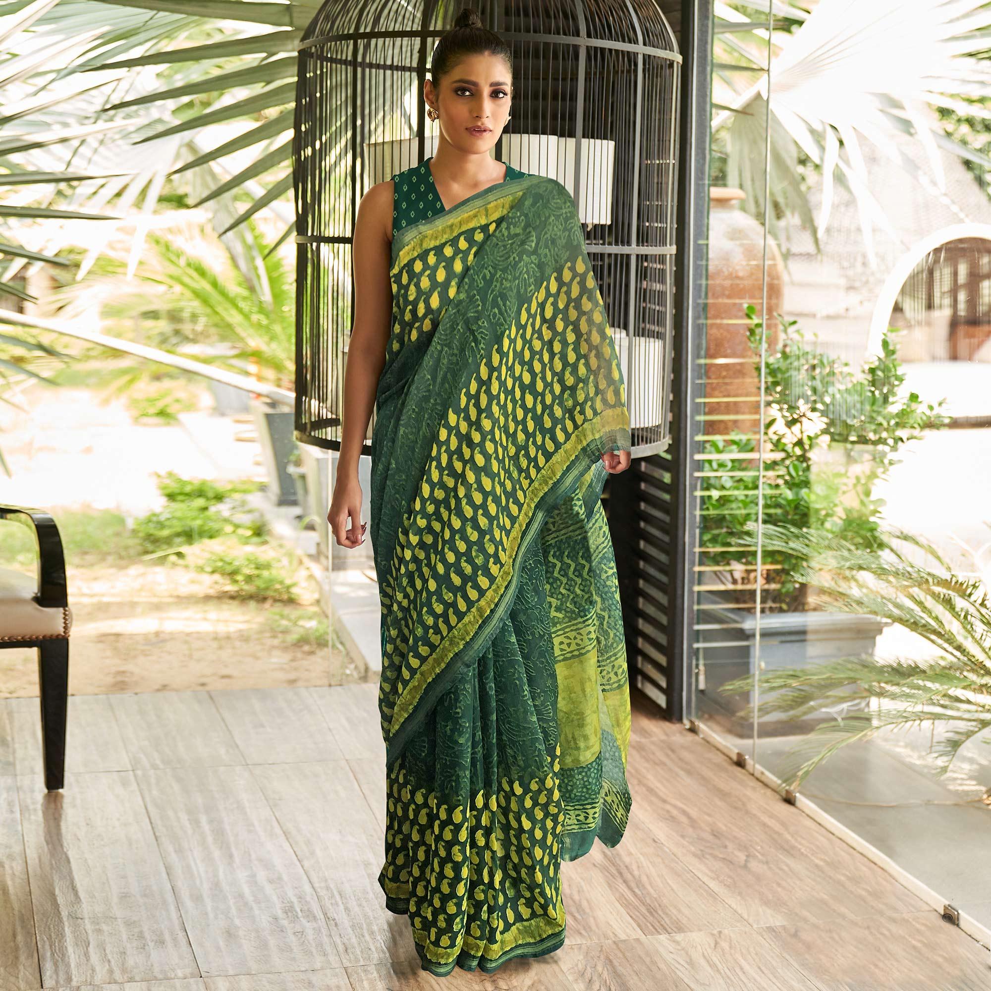 Green sarees – BlackTree green-casual-wear-printed-linen-saree-124021