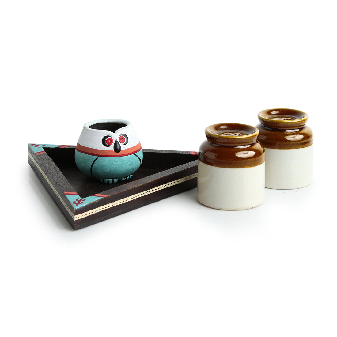 EXCLUSIVELANE 'Desert Owl-Jar Pack' Handglazed Salt & Pepper Shaker Set With Toothpick Holder & Tray - view 2
