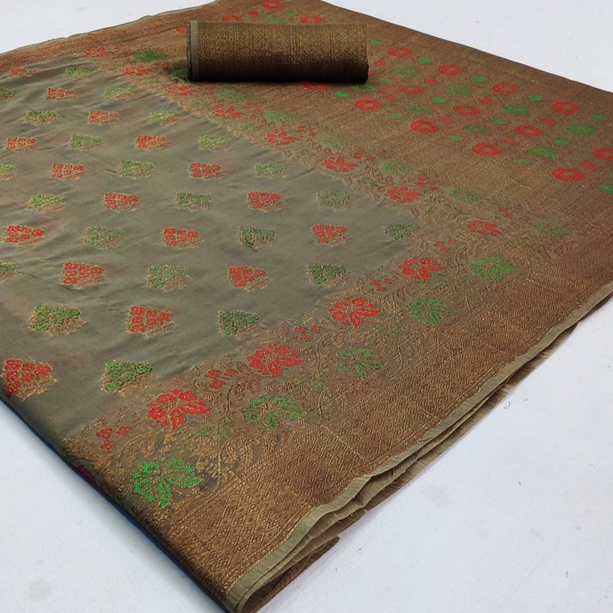 Peachmode Classy Dark Grey Colored Festive Wear Woven Cotton Saree