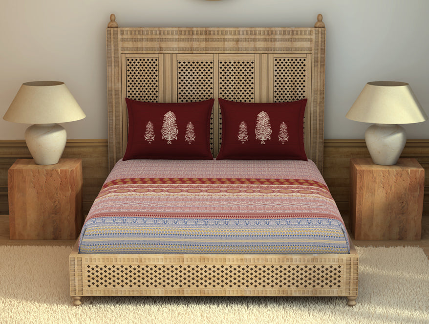 Spaces India Ajrak Ornate Red 100% Cotton King Size Bedsheet - Rangana by Spaces