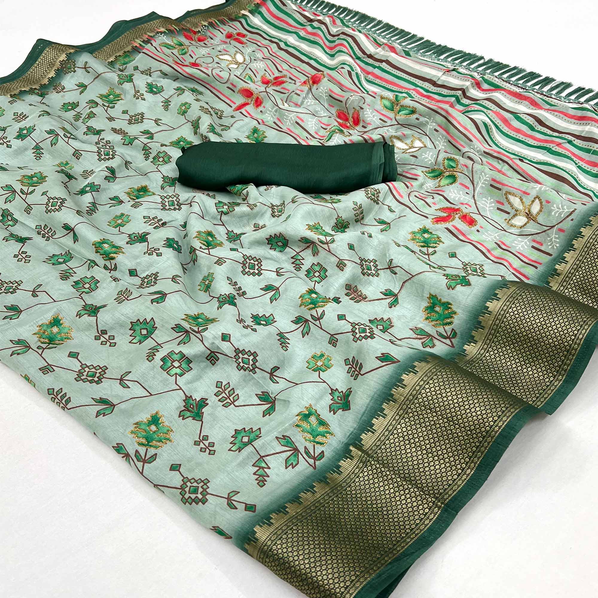 Peachmode Dusty Green Floral Printed With Woven Border Dola Silk Saree