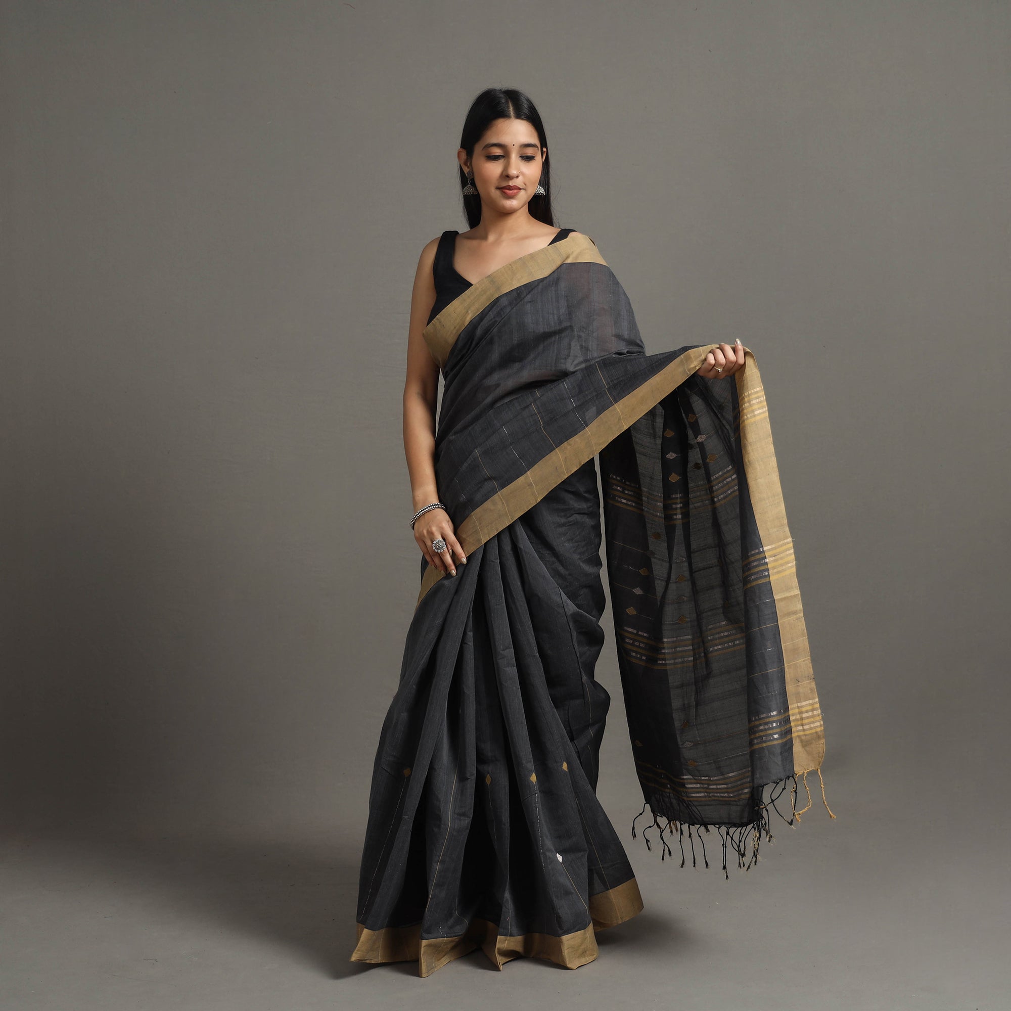 CREYO Black - Jamdani Buti Zari Stripe Cotton Handloom Saree 80 - view 2