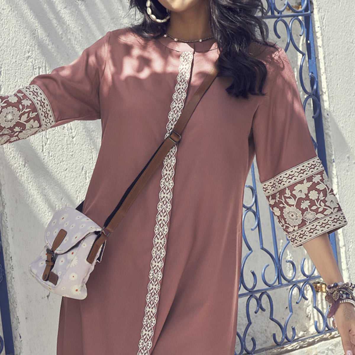 Peachmode Mauve Embroidered Rayon Tunic - view 2
