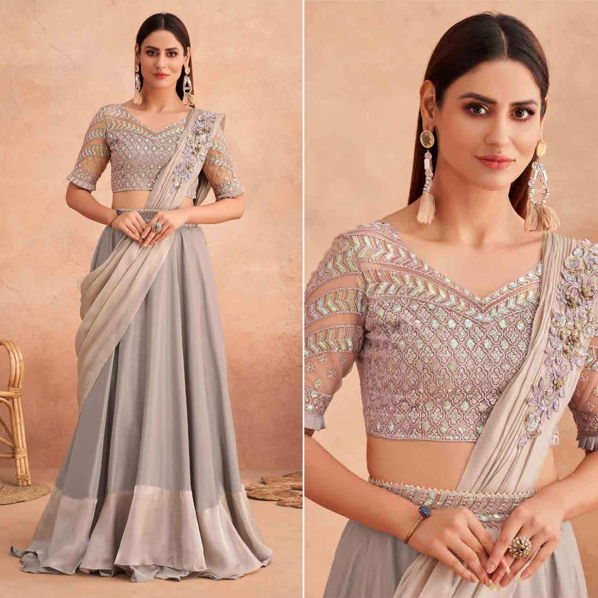 Peachmode Seller Light Grey Sequins Embroidered Ready to Wear Art Silk Saree
