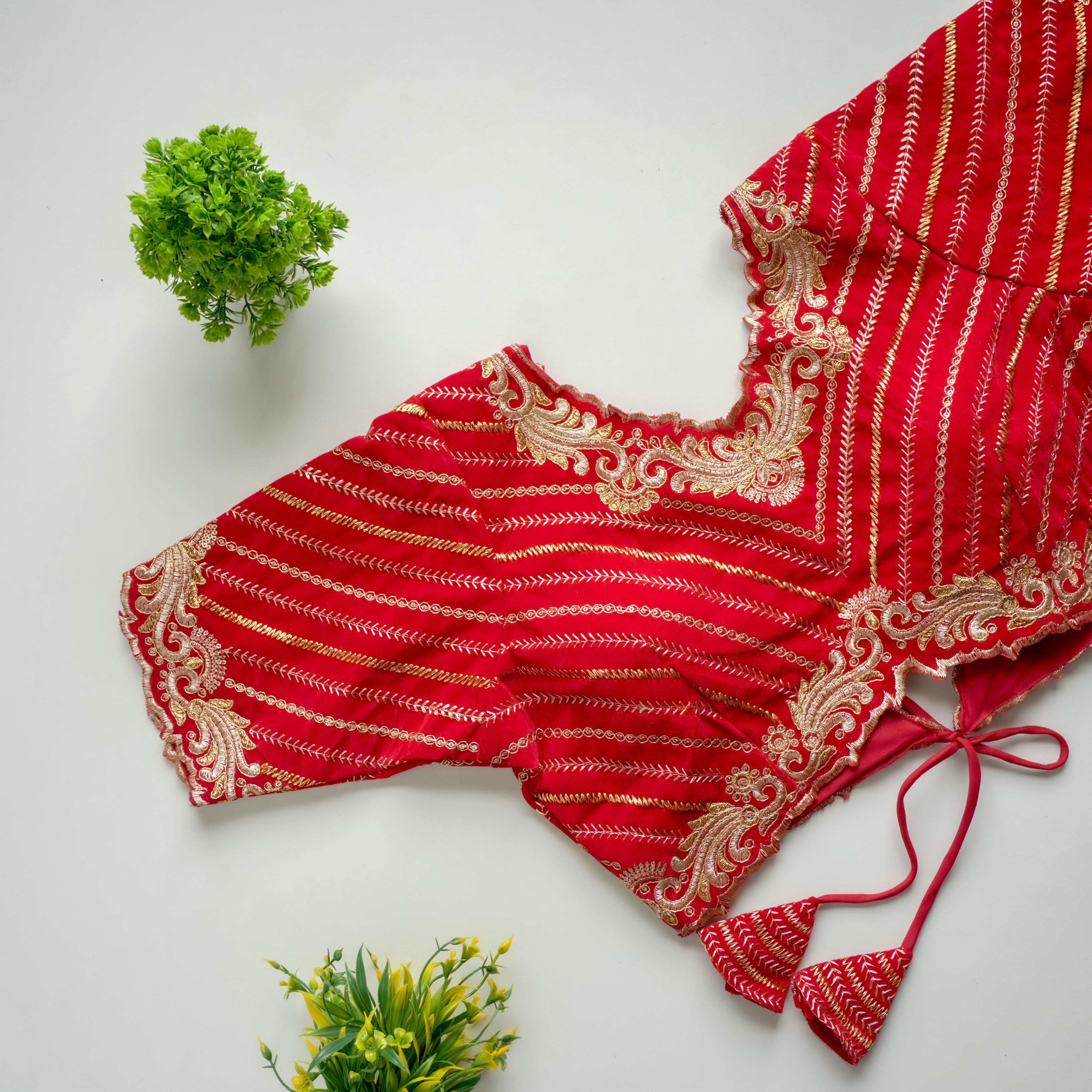 ClothsVilla Red Taffeta Silk Blouse with Golden Embroidery and Sequins