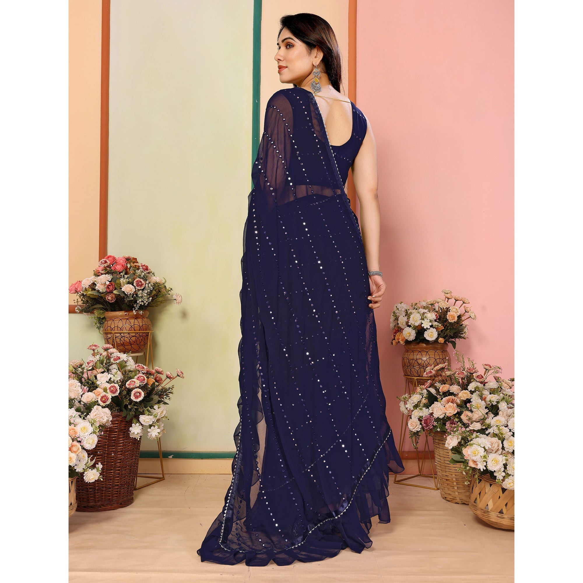 Peachmode Dark Blue Mirror Work Embroidered Georgette Saree With Ruffle Border - view 4
