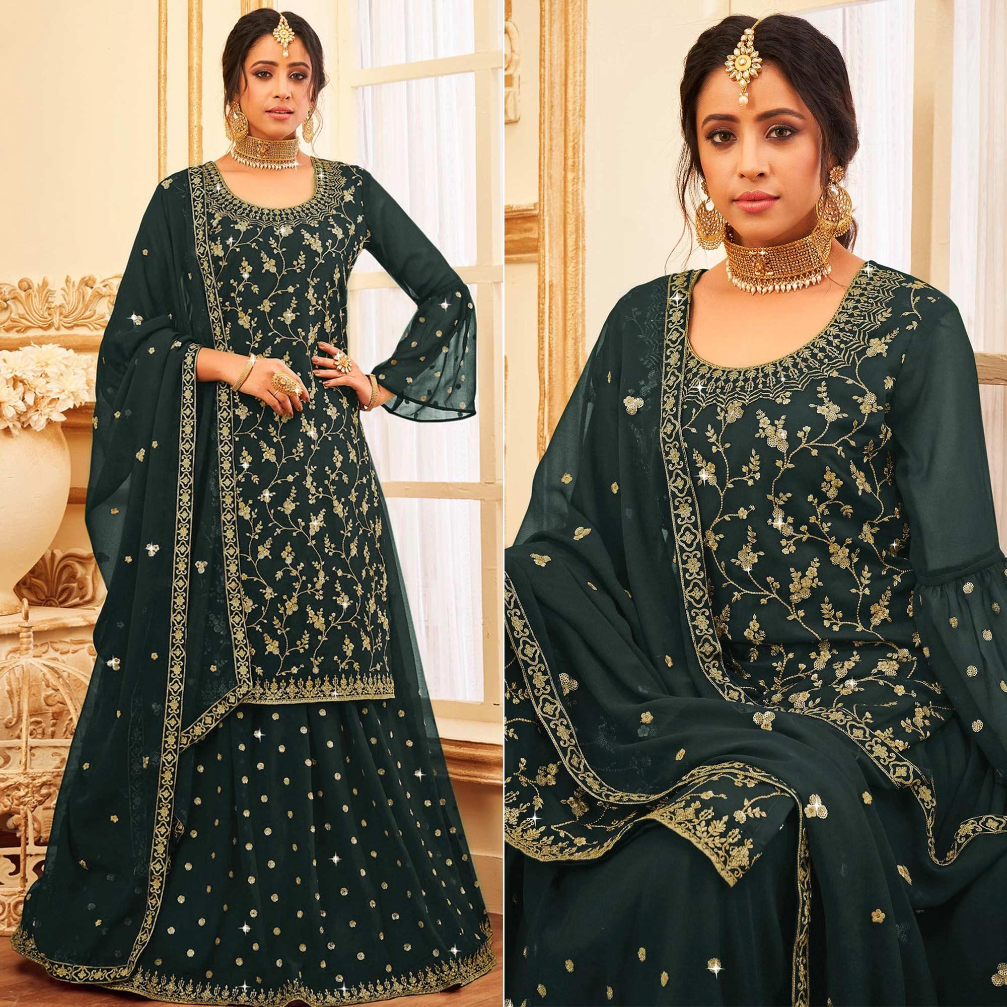 Peachmode Bottle Green Embroidered With Embellished Georgette Sharara Suit