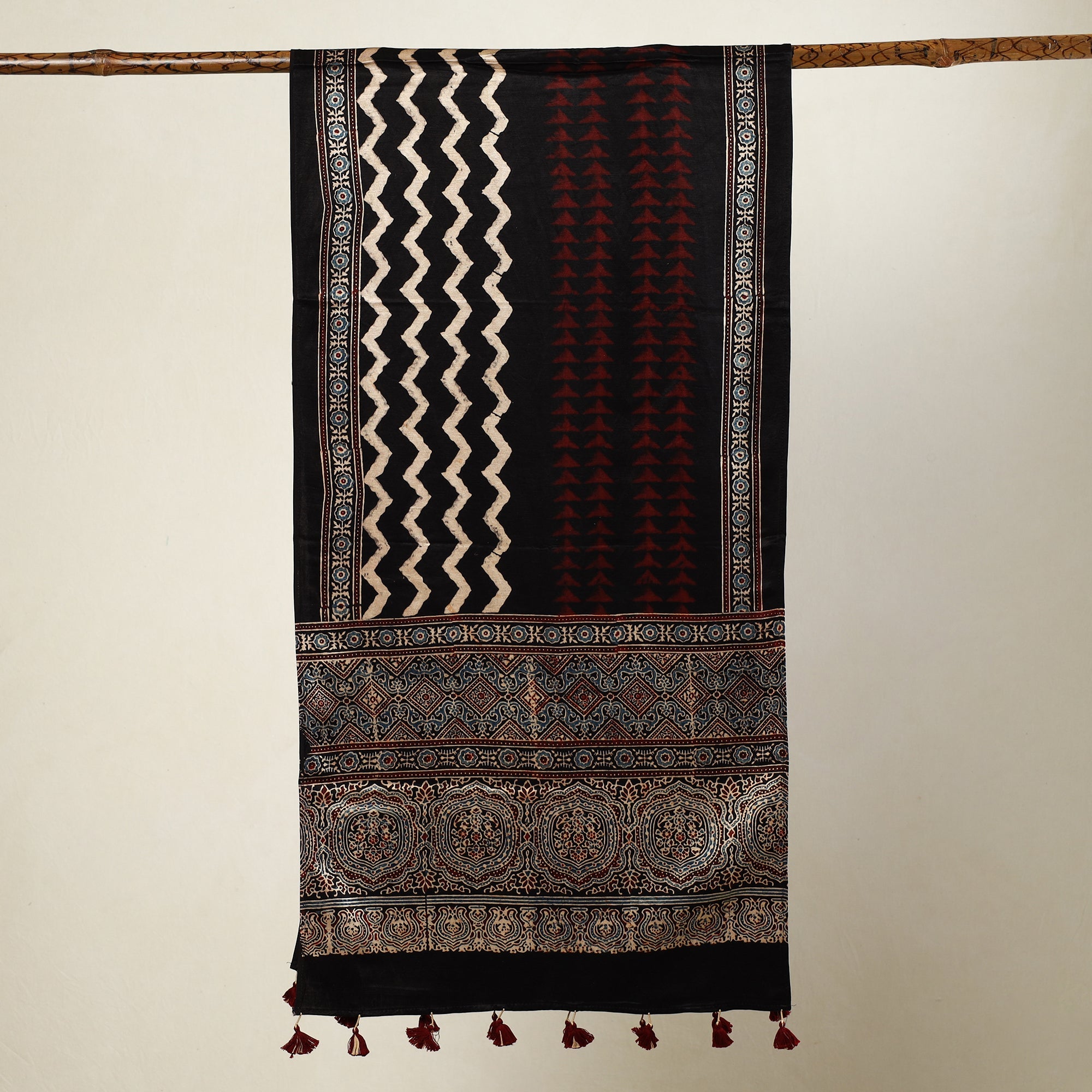 RIYAZ ABDULMAJID KHATRI - AJRAKH Black - Ajrakh Block Printed Mashru Silk Stole with Tassels - view 2