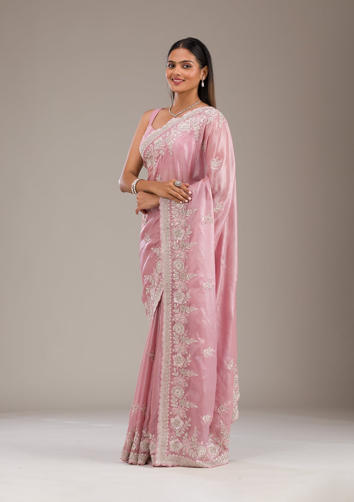 Koskii Pink Zariwork Tissue Saree – Women's - view 5