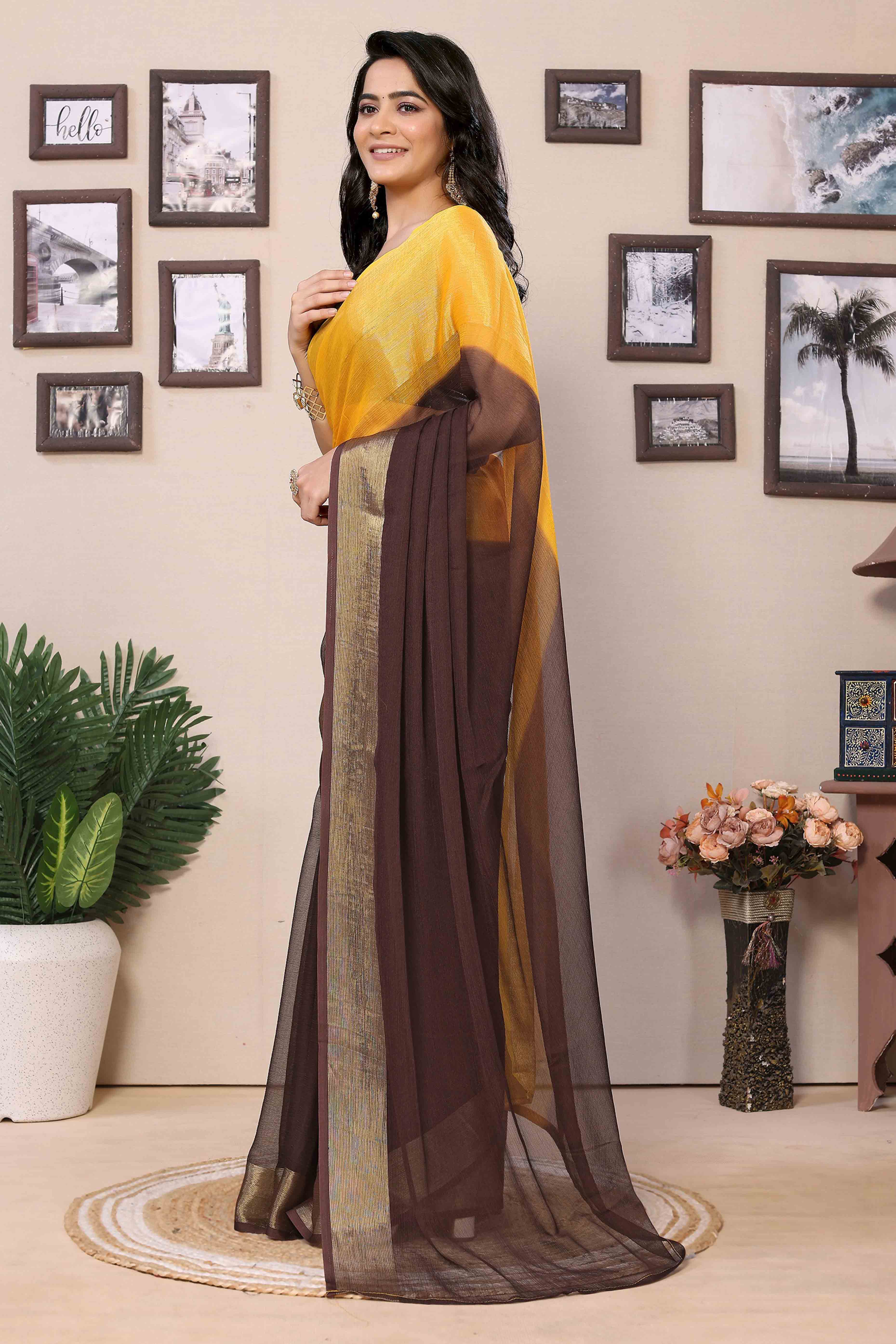 Peachmode Seller Brown & Yellow Solid With Zari Woven Border Chiffon Ready To Wear Ombre Saree - view 4