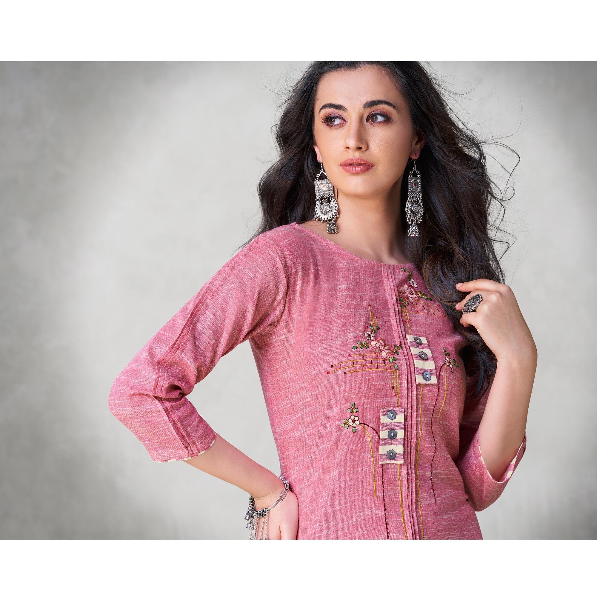 Peachmode Seller Fantastic Pink Colored Party Wear Embroidered Self Weaved Cotton Kurti Pant Set - view 3