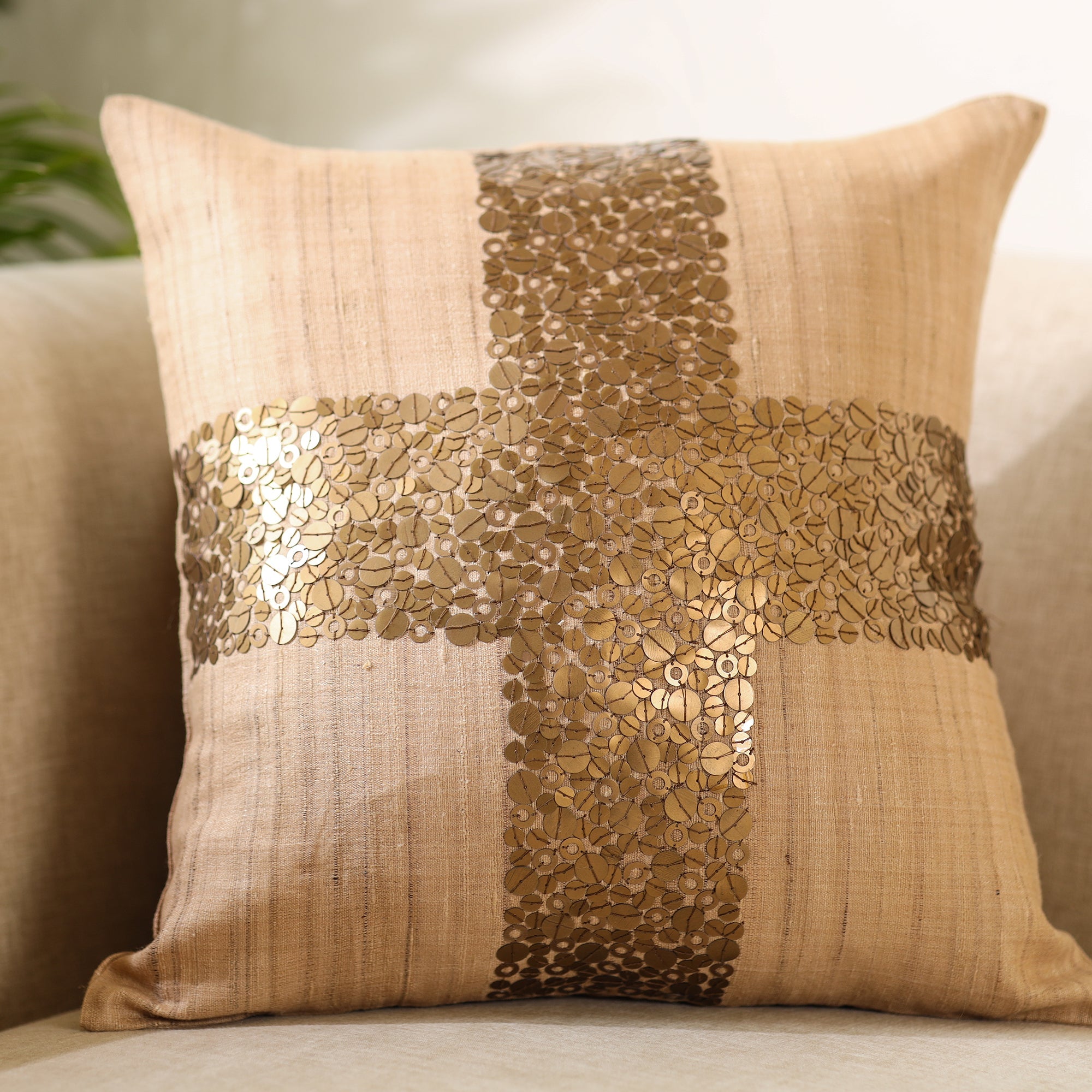 CHHATTISGARH HASTSHILP VIKAS BOARD Brown - Aari Embroidery Sequin Work Mercerised Ghicha Silk Cushion Cover (16 x 16 in) - view 2