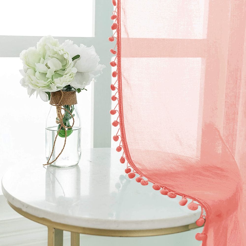 Urban Space -Home Furnishing Store Sheer Curtain for Living Room with linen texture, Net Curtain for balcony, Pack of 2 Curtains - Peach with pom pom