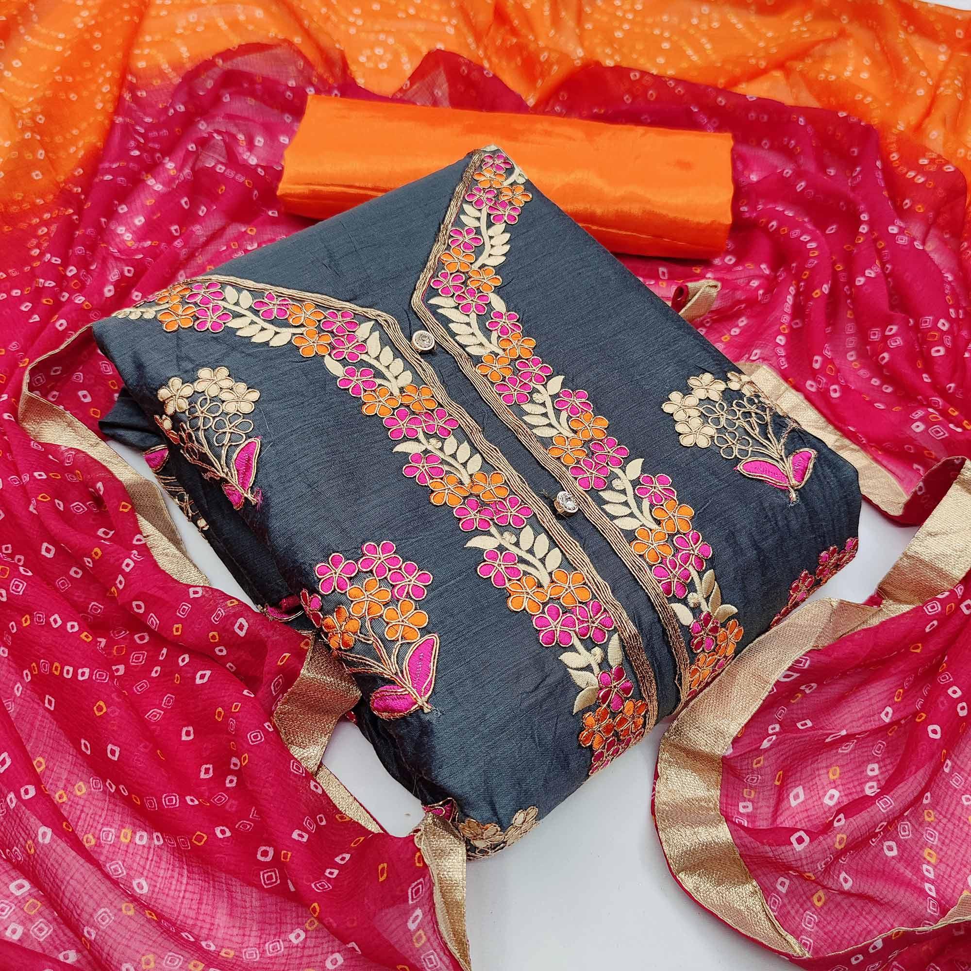 Peachmode Dark Grey Casual Wear Floral Embroidery With Hand Work Modal Chanderi Dress Material