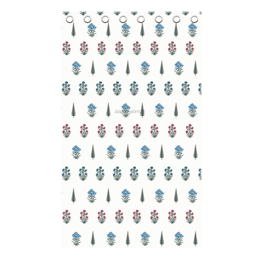 JaipurFabric® India Blocks of Red Blue Flowers Grey Leaves Block Printed Curtains - view 6