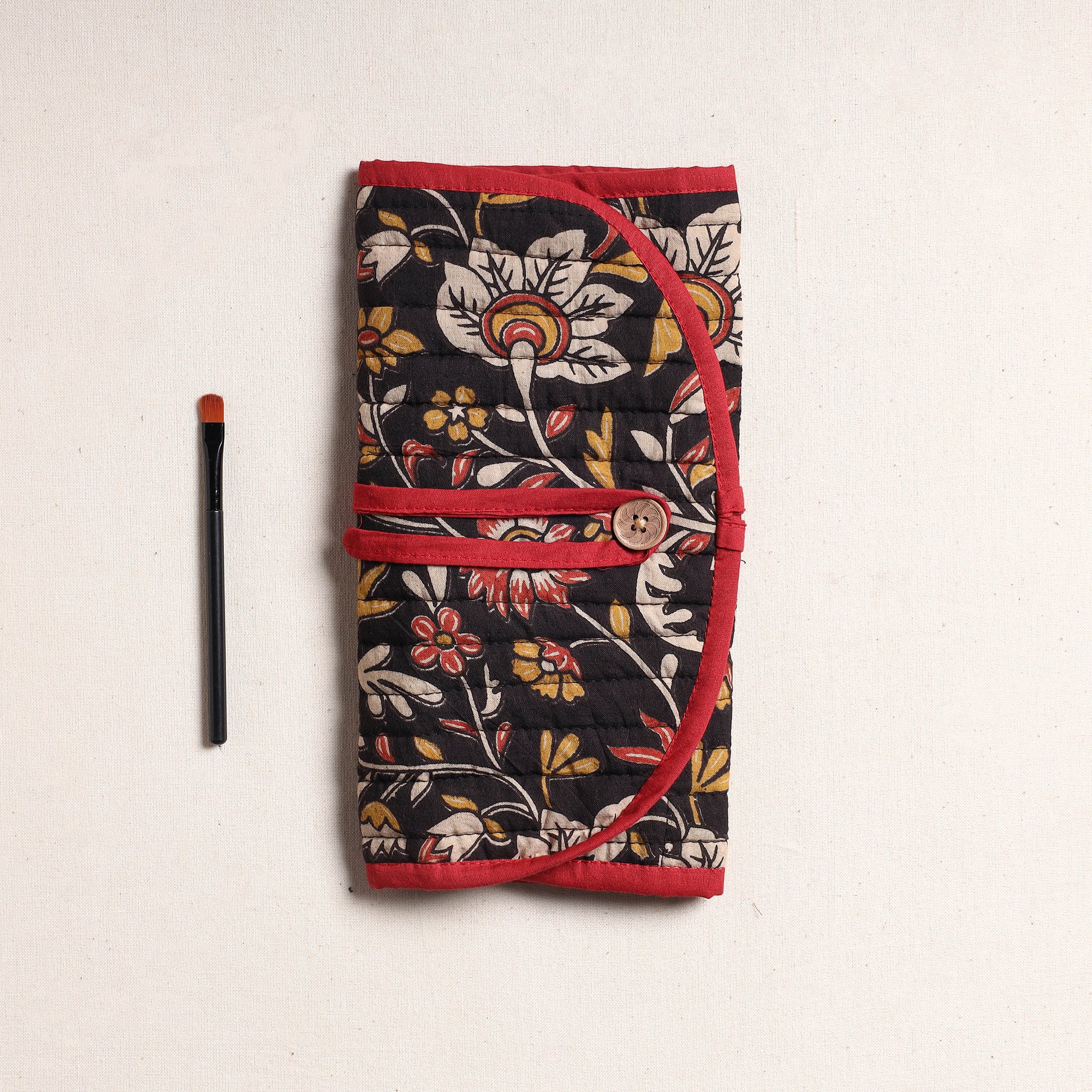 NOORI BAZAR Black - Kalamkari Fabric Multipurpose Segmented Make-up Brush Wrap Pouch/Case - view 2
